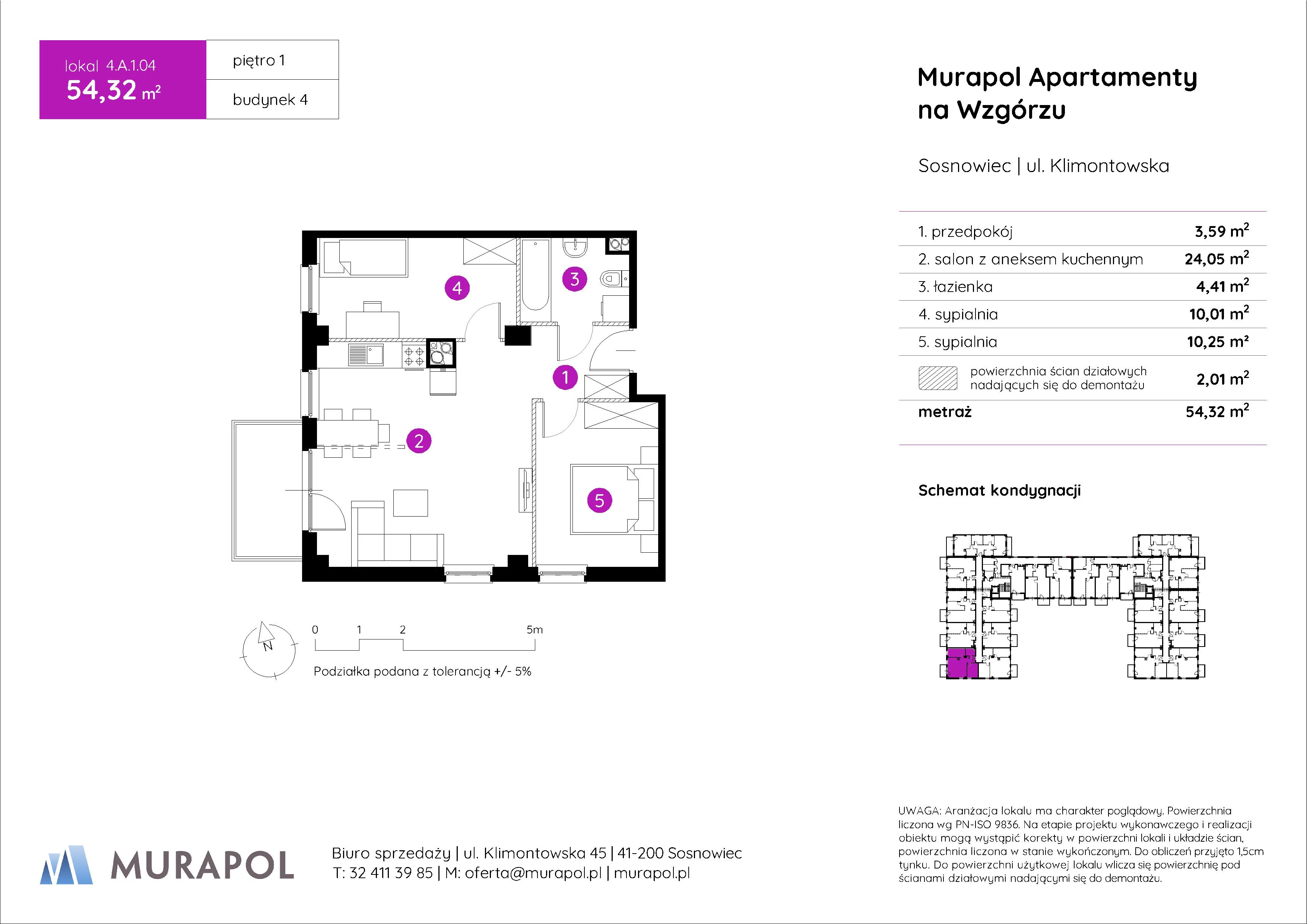 Mieszkanie 54,32 m², piętro 1, oferta nr 4.A.1.04, Murapol Apartamenty Na Wzgórzu, Sosnowiec, Klimontów, ul. Klimontowska 45