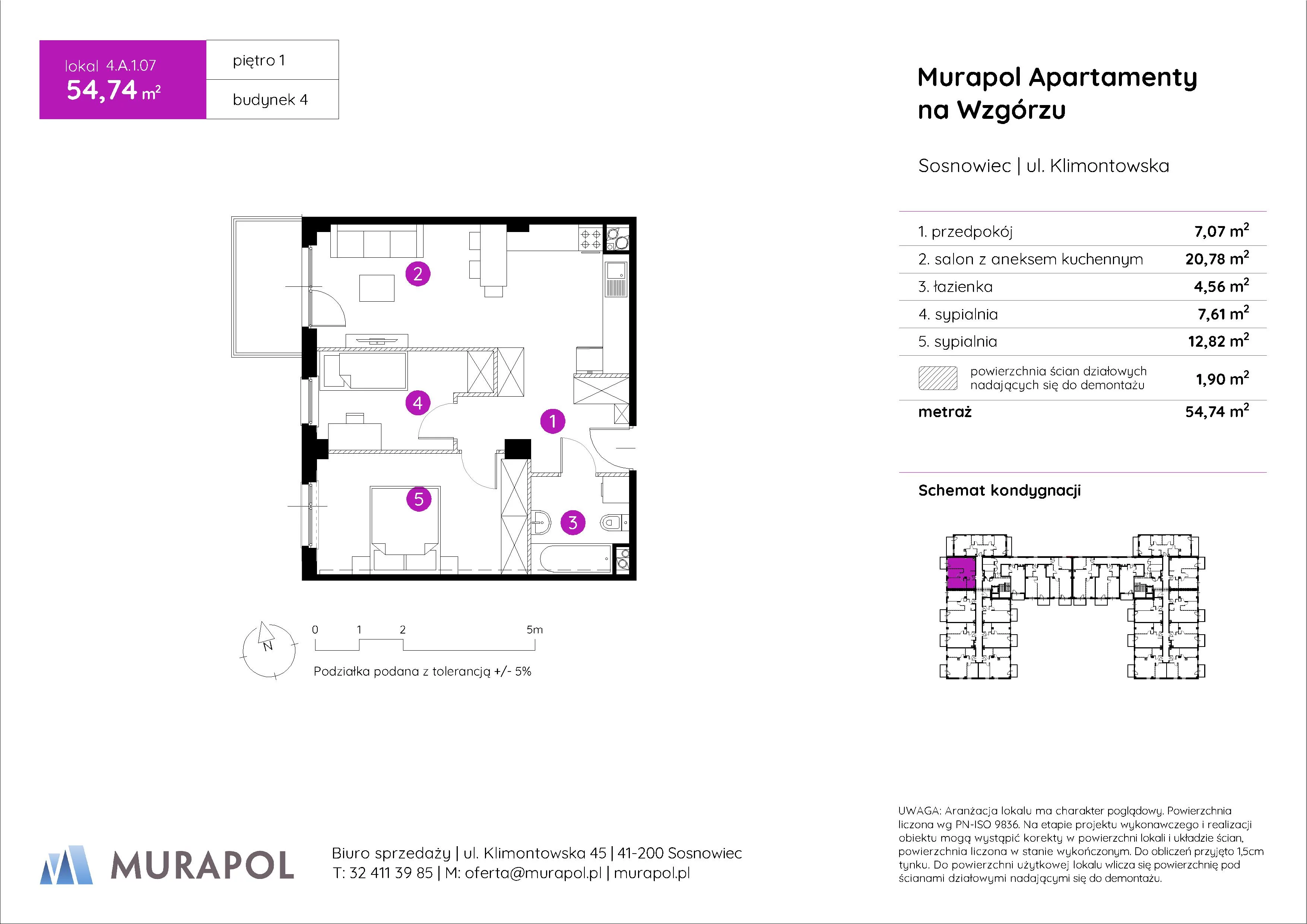 Mieszkanie 54,74 m², piętro 1, oferta nr 4.A.1.07, Murapol Apartamenty Na Wzgórzu, Sosnowiec, Klimontów, ul. Klimontowska 45