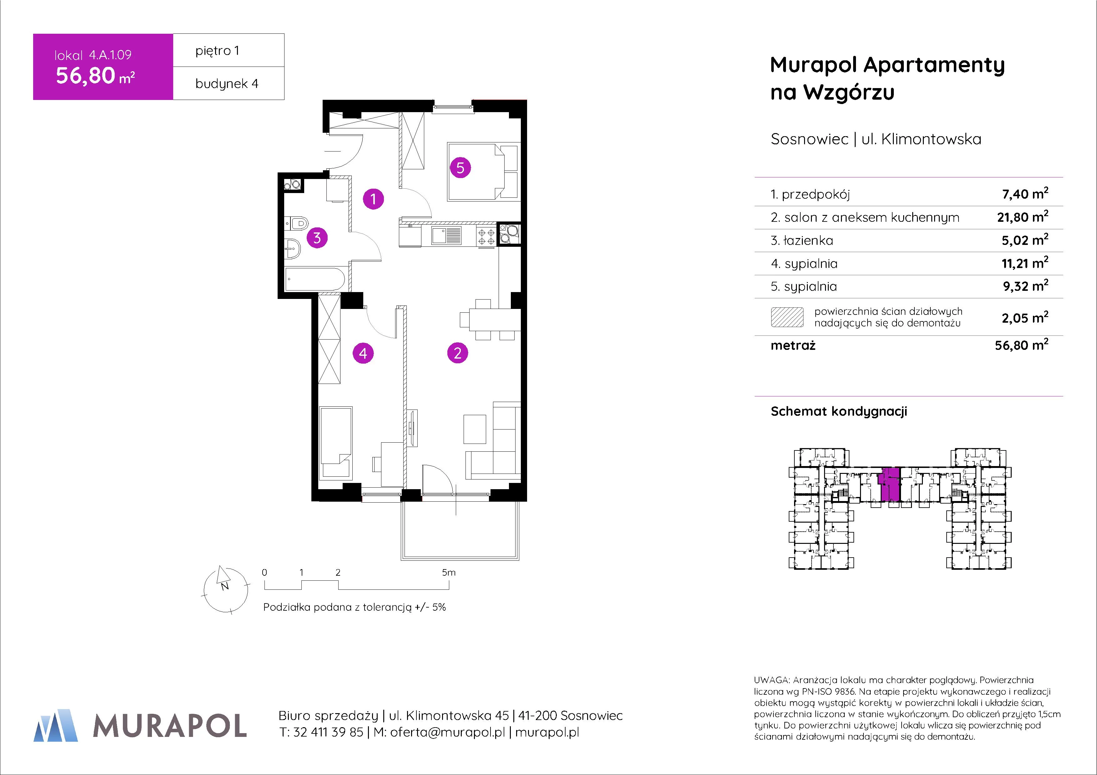 Mieszkanie 56,80 m², piętro 1, oferta nr 4.A.1.09, Murapol Apartamenty Na Wzgórzu, Sosnowiec, Klimontów, ul. Klimontowska 45