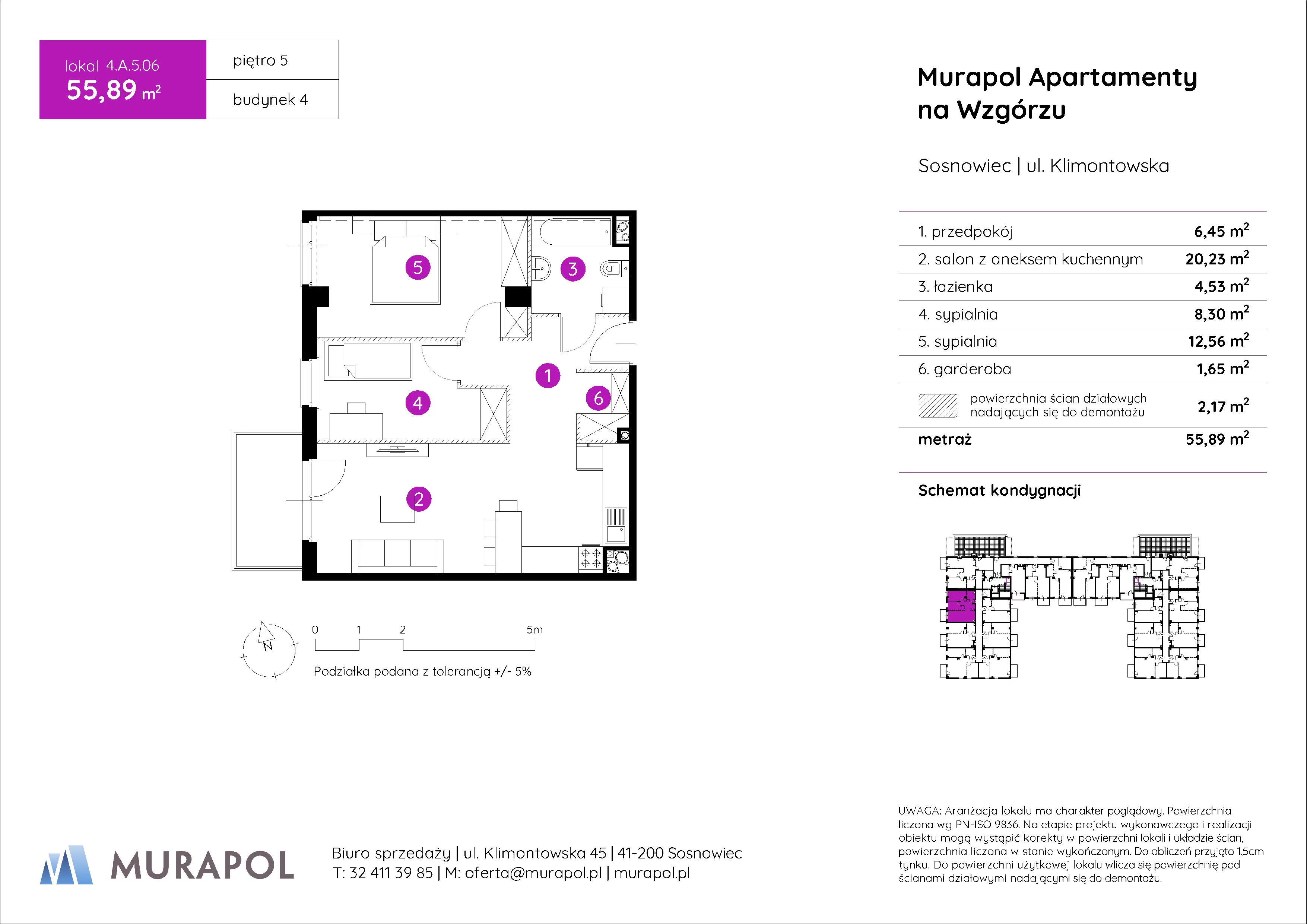 Mieszkanie 55,89 m², piętro 5, oferta nr 4.A.5.06, Murapol Apartamenty Na Wzgórzu, Sosnowiec, Klimontów, ul. Klimontowska 45