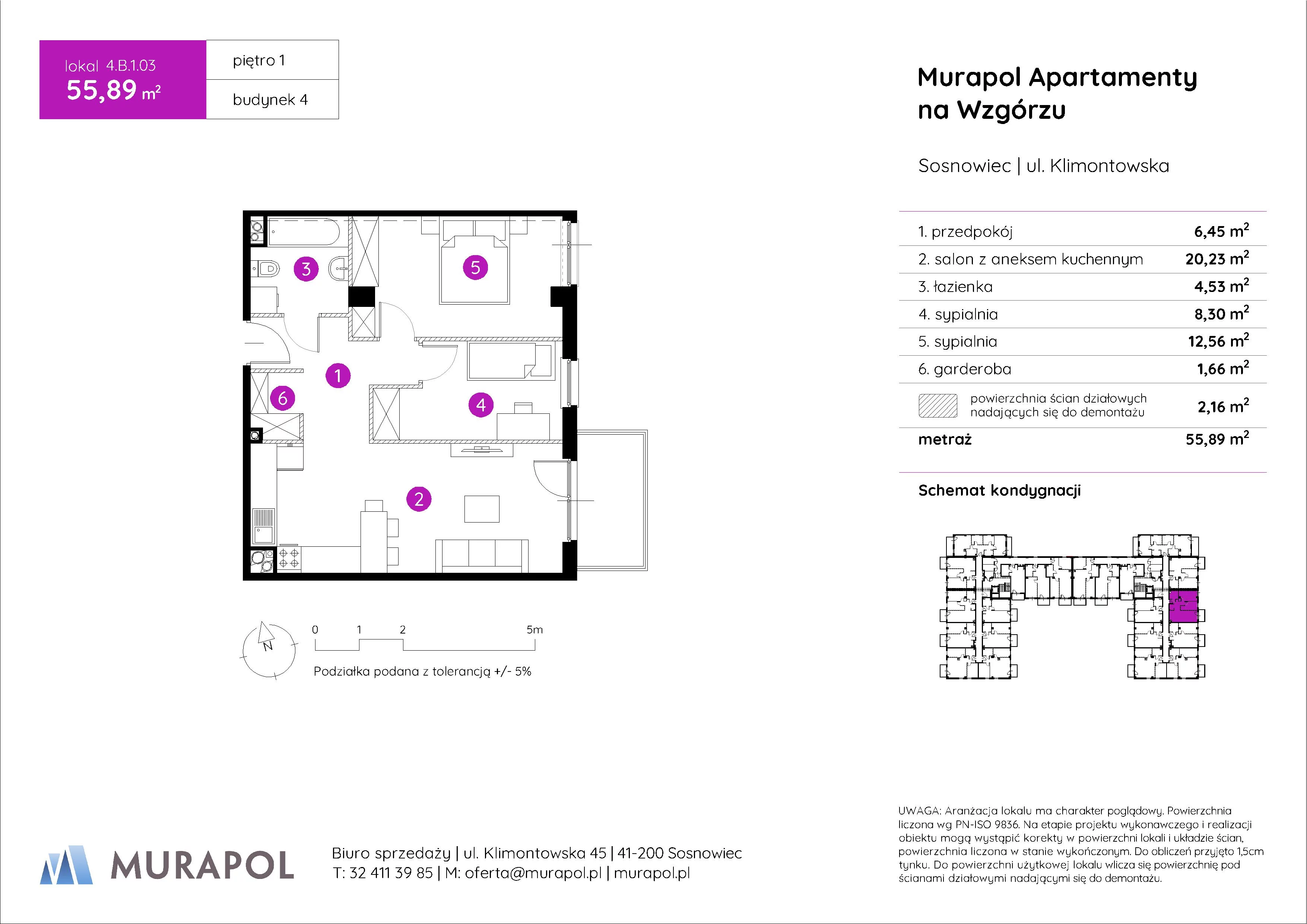 3 pokoje, mieszkanie 55,89 m², piętro 1, oferta nr 4.B.1.03, Murapol Apartamenty Na Wzgórzu, Sosnowiec, Klimontów, ul. Klimontowska 45