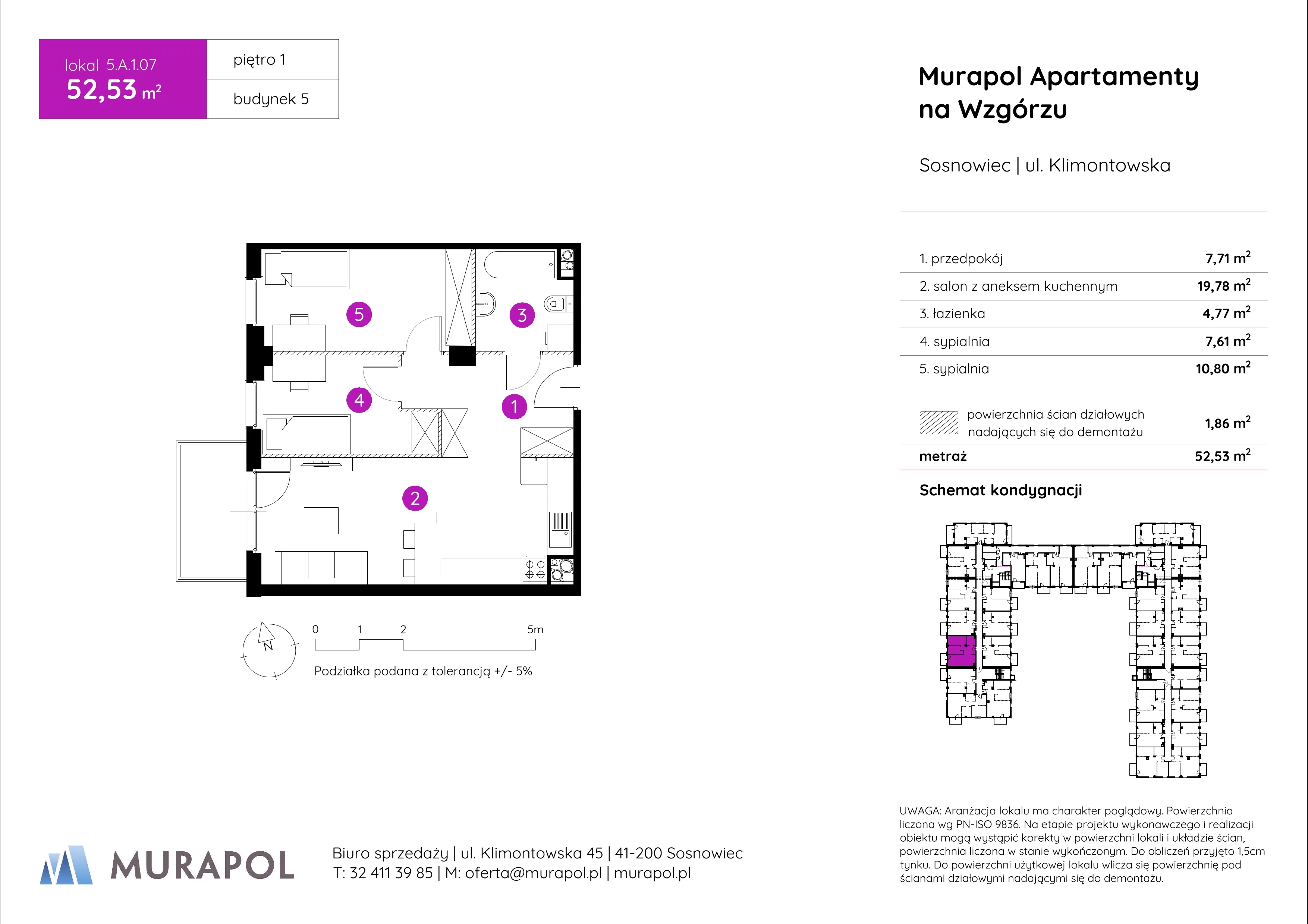 Mieszkanie 52,53 m², piętro 1, oferta nr 5.A.1.07, Murapol Apartamenty Na Wzgórzu, Sosnowiec, Klimontów, ul. Klimontowska 45