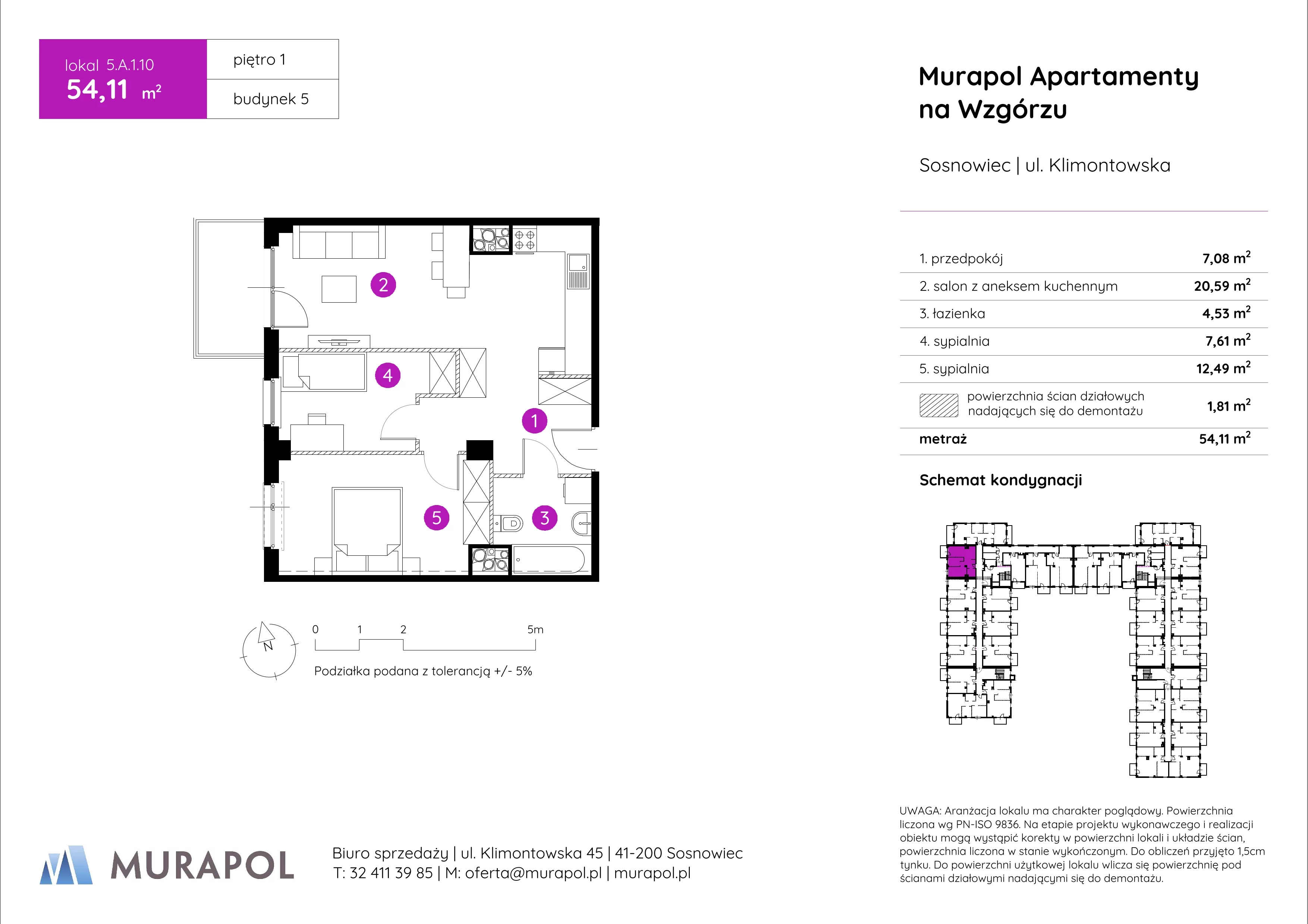 Mieszkanie 54,11 m², piętro 1, oferta nr 5.A.1.10, Murapol Apartamenty Na Wzgórzu, Sosnowiec, Klimontów, ul. Klimontowska 45