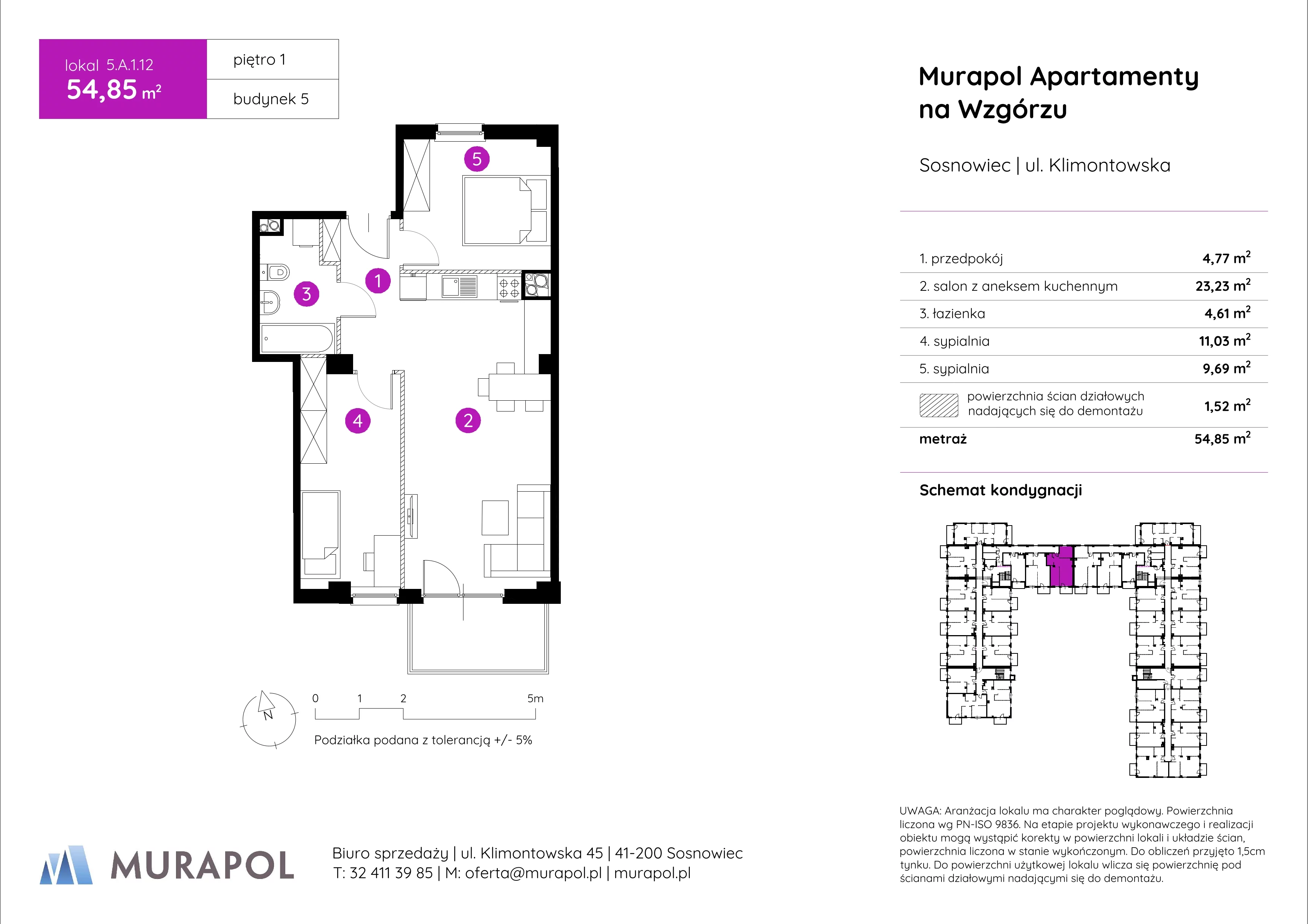 Mieszkanie 54,85 m², piętro 1, oferta nr 5.A.1.12, Murapol Apartamenty Na Wzgórzu, Sosnowiec, Klimontów, ul. Klimontowska 45