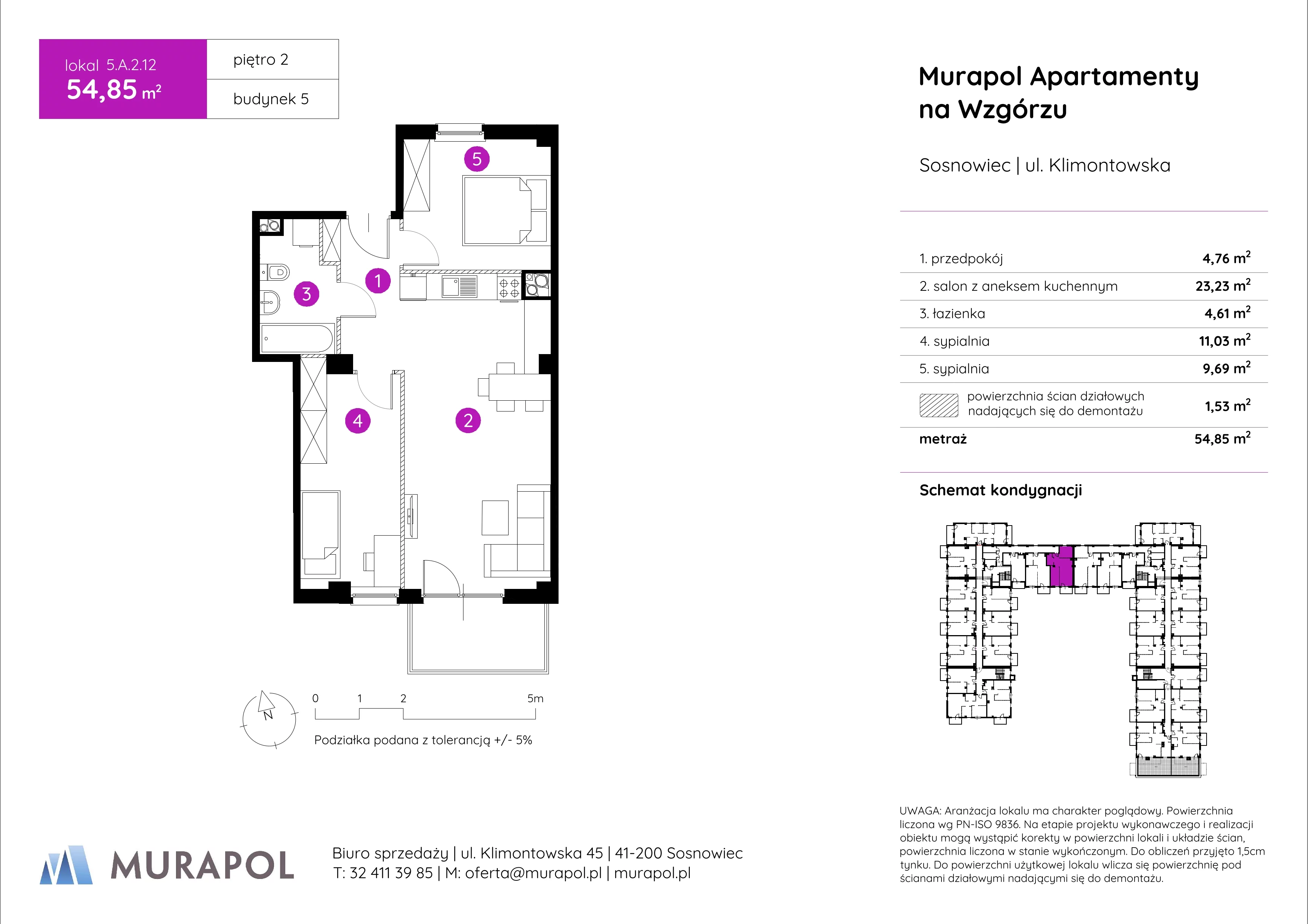 Mieszkanie 54,85 m², piętro 2, oferta nr 5.A.2.12, Murapol Apartamenty Na Wzgórzu, Sosnowiec, Klimontów, ul. Klimontowska 45