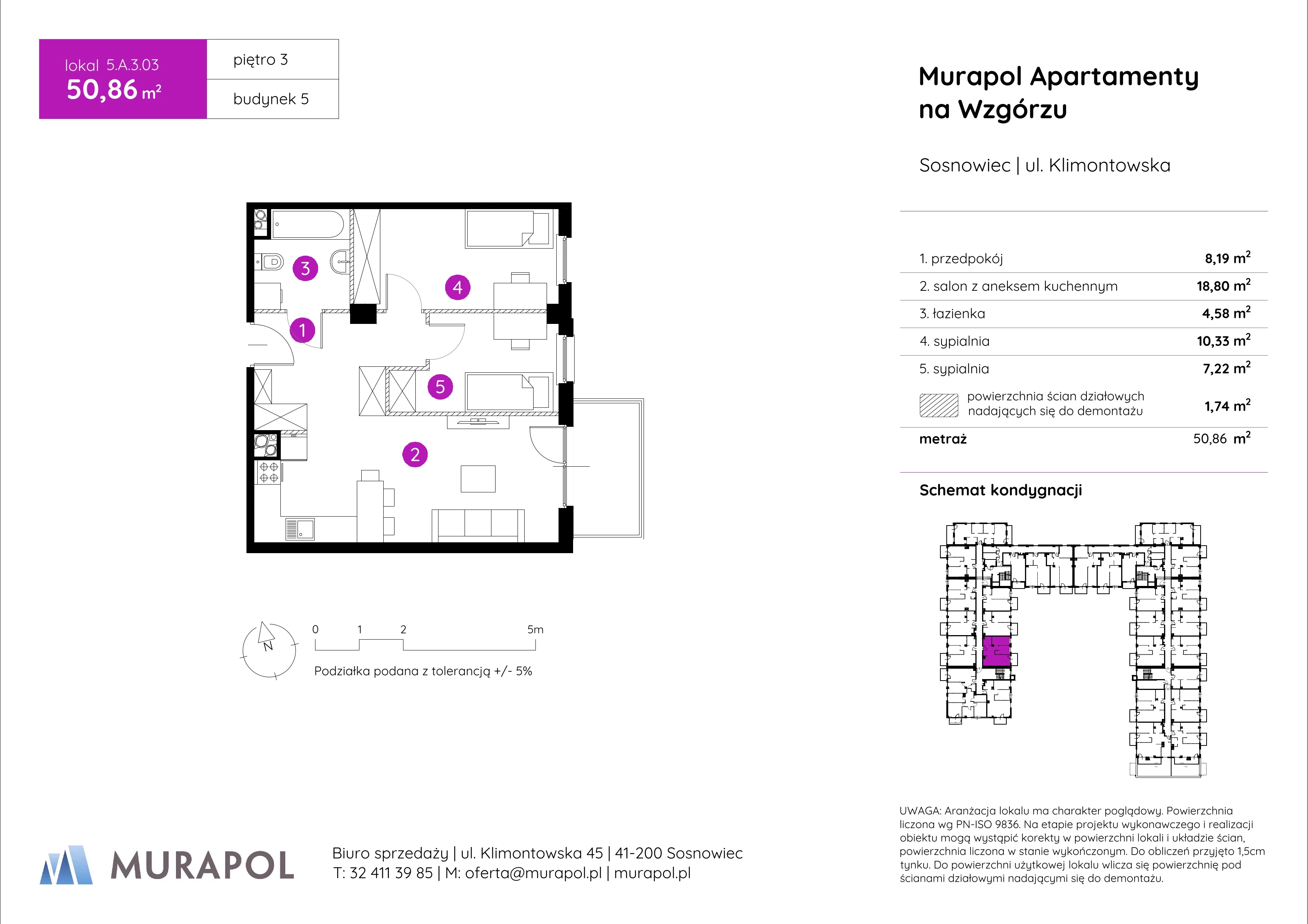 3 pokoje, mieszkanie 50,86 m², piętro 3, oferta nr 5.A.3.03, Murapol Apartamenty Na Wzgórzu, Sosnowiec, Klimontów, ul. Klimontowska 45