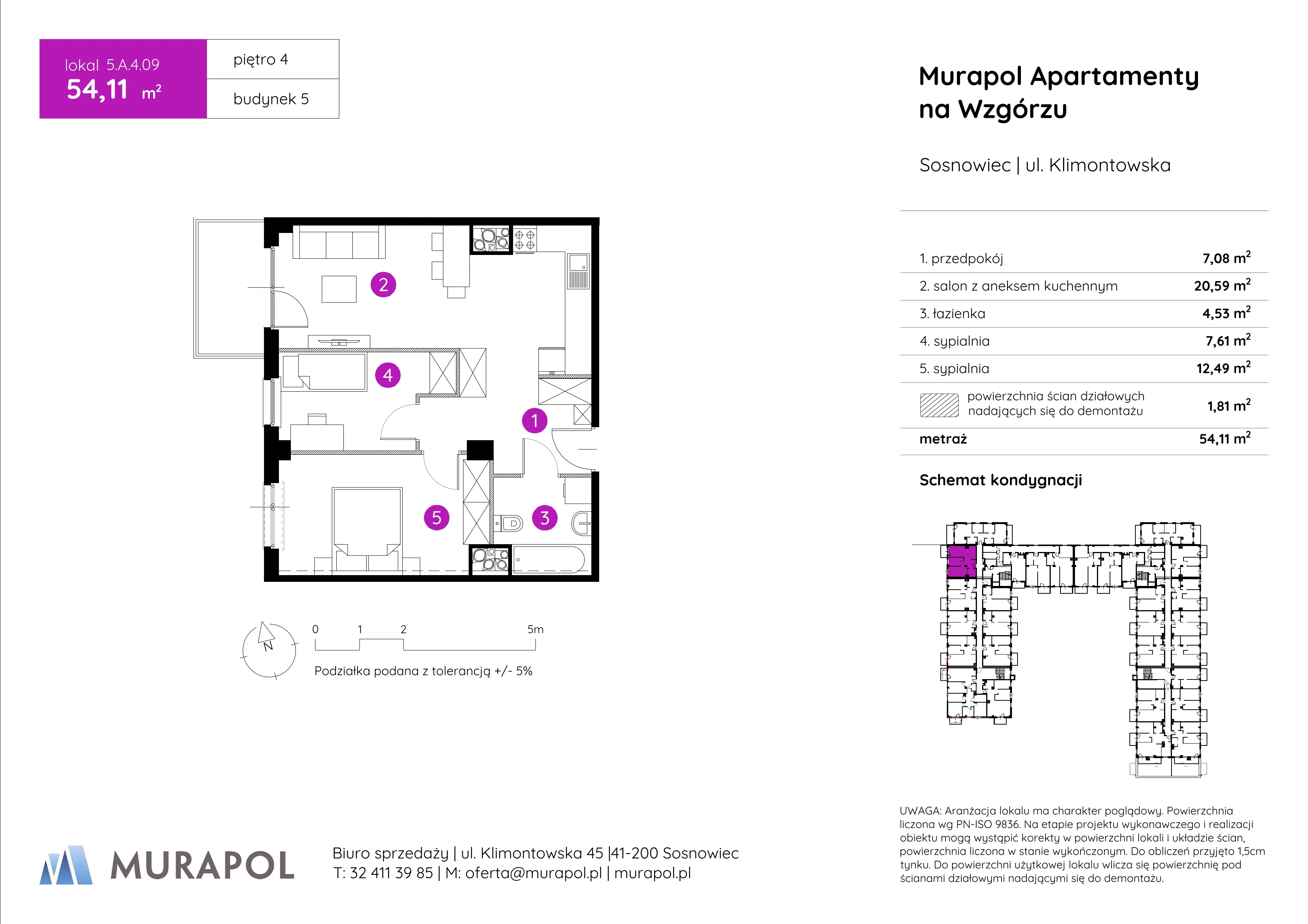 Mieszkanie 54,11 m², piętro 4, oferta nr 5.A.4.09, Murapol Apartamenty Na Wzgórzu, Sosnowiec, Klimontów, ul. Klimontowska 45