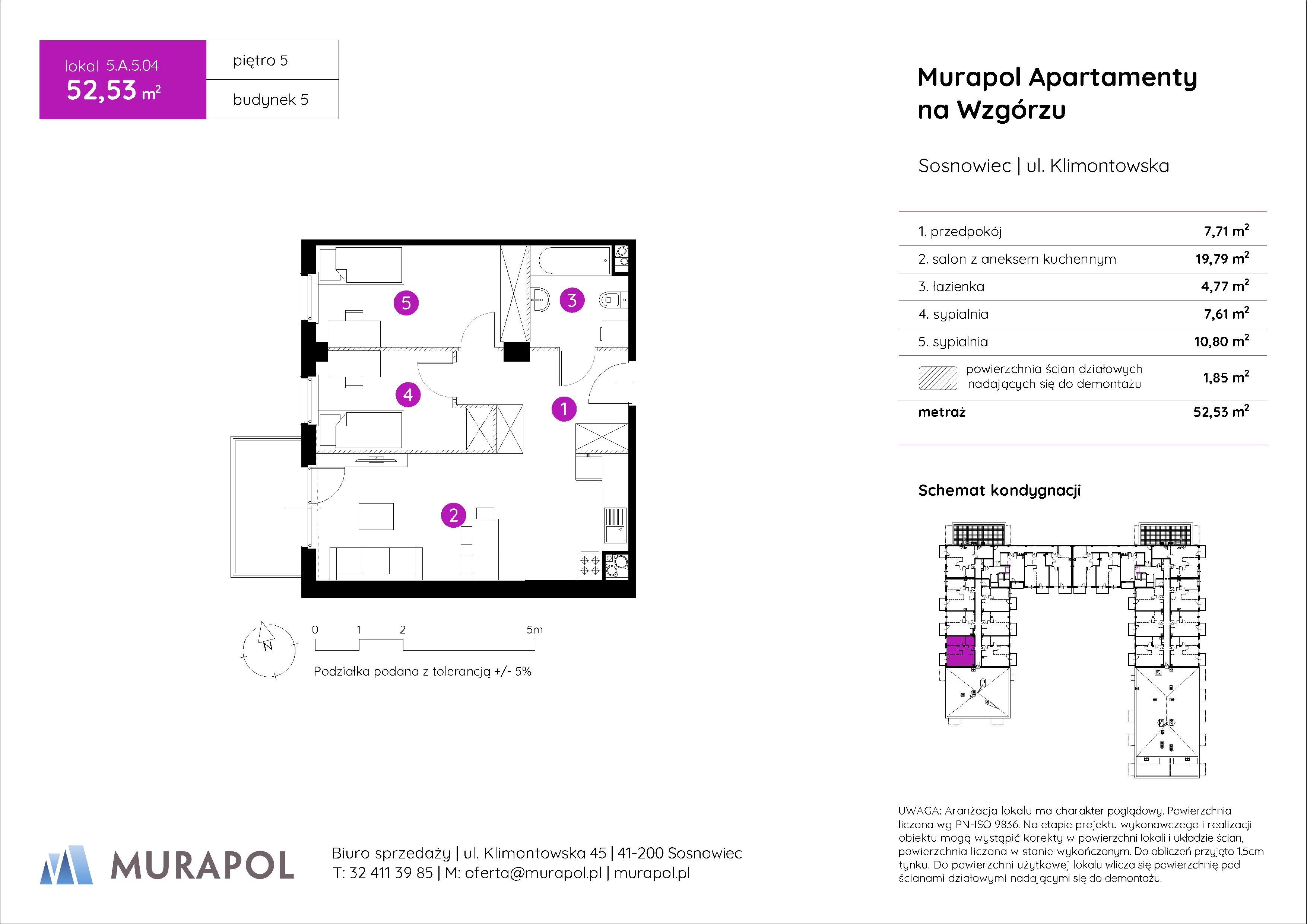 Mieszkanie 52,53 m², piętro 5, oferta nr 5.A.5.04, Murapol Apartamenty Na Wzgórzu, Sosnowiec, Klimontów, ul. Klimontowska 45