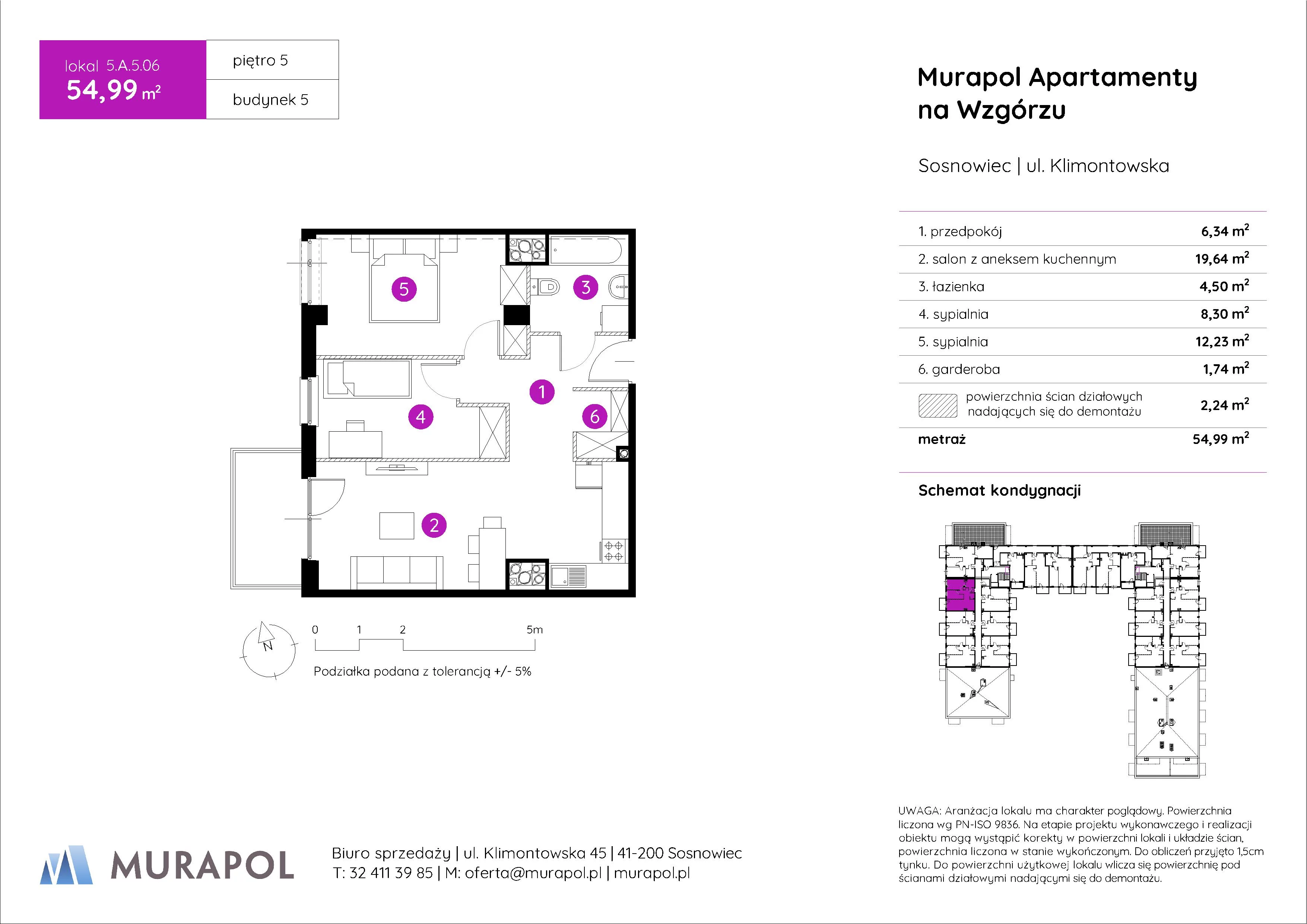 Mieszkanie 54,99 m², piętro 5, oferta nr 5.A.5.06, Murapol Apartamenty Na Wzgórzu, Sosnowiec, Klimontów, ul. Klimontowska 45