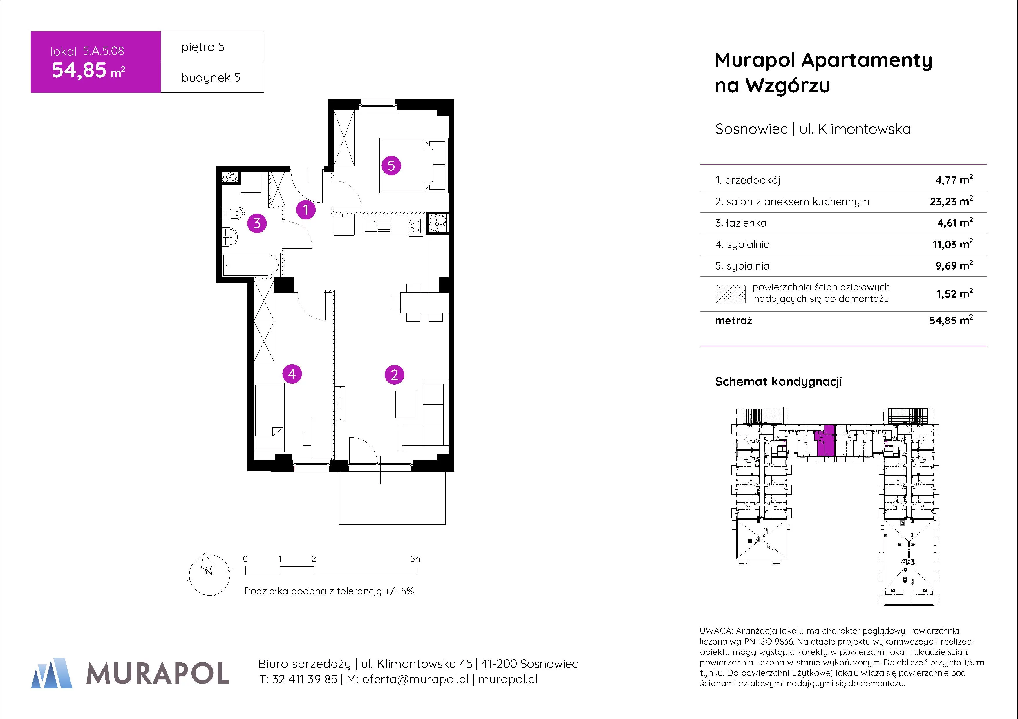 Mieszkanie 54,85 m², piętro 5, oferta nr 5.A.5.08, Murapol Apartamenty Na Wzgórzu, Sosnowiec, Klimontów, ul. Klimontowska 45