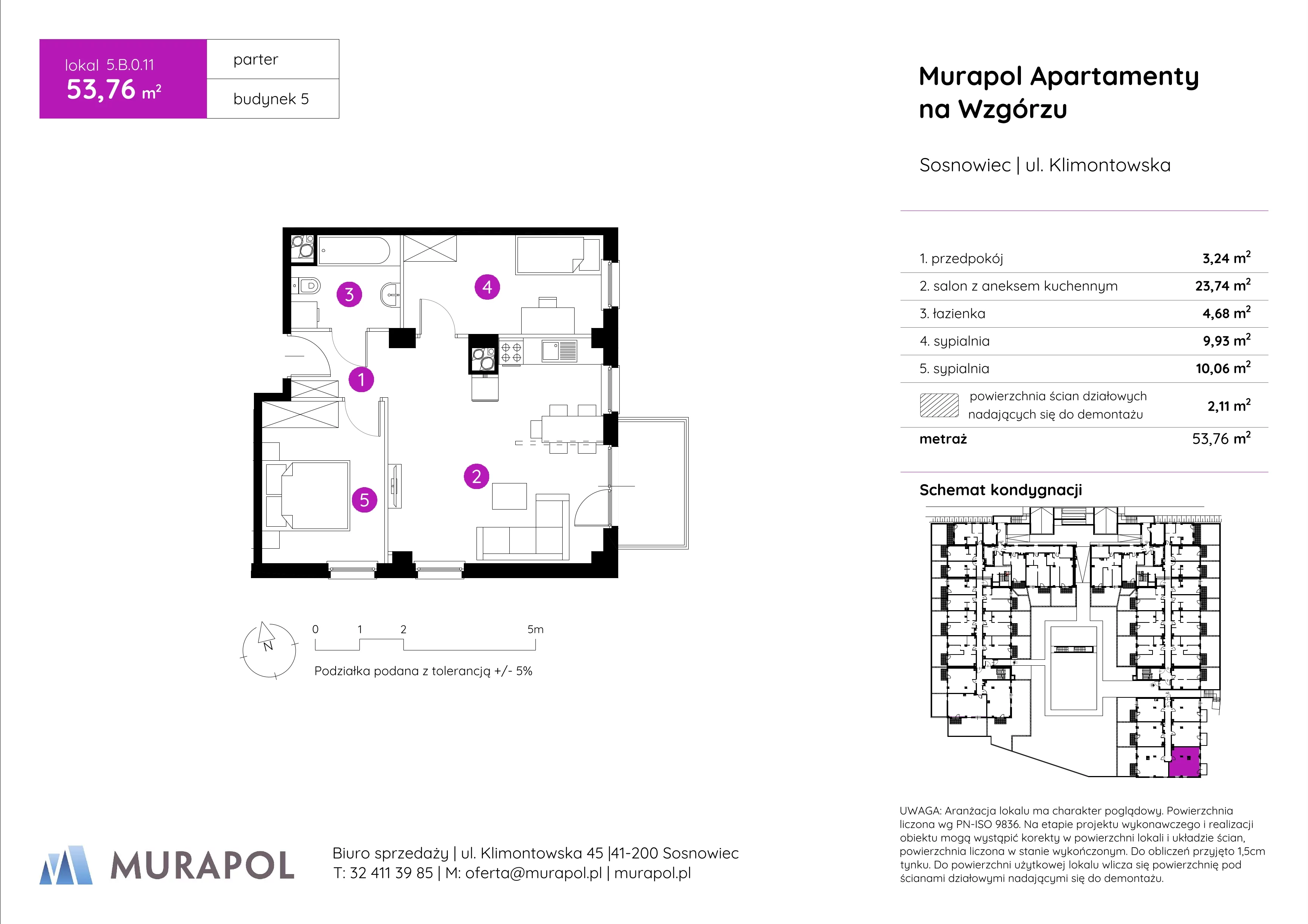 Mieszkanie 53,76 m², parter, oferta nr 5.B.0.11, Murapol Apartamenty Na Wzgórzu, Sosnowiec, Klimontów, ul. Klimontowska 45