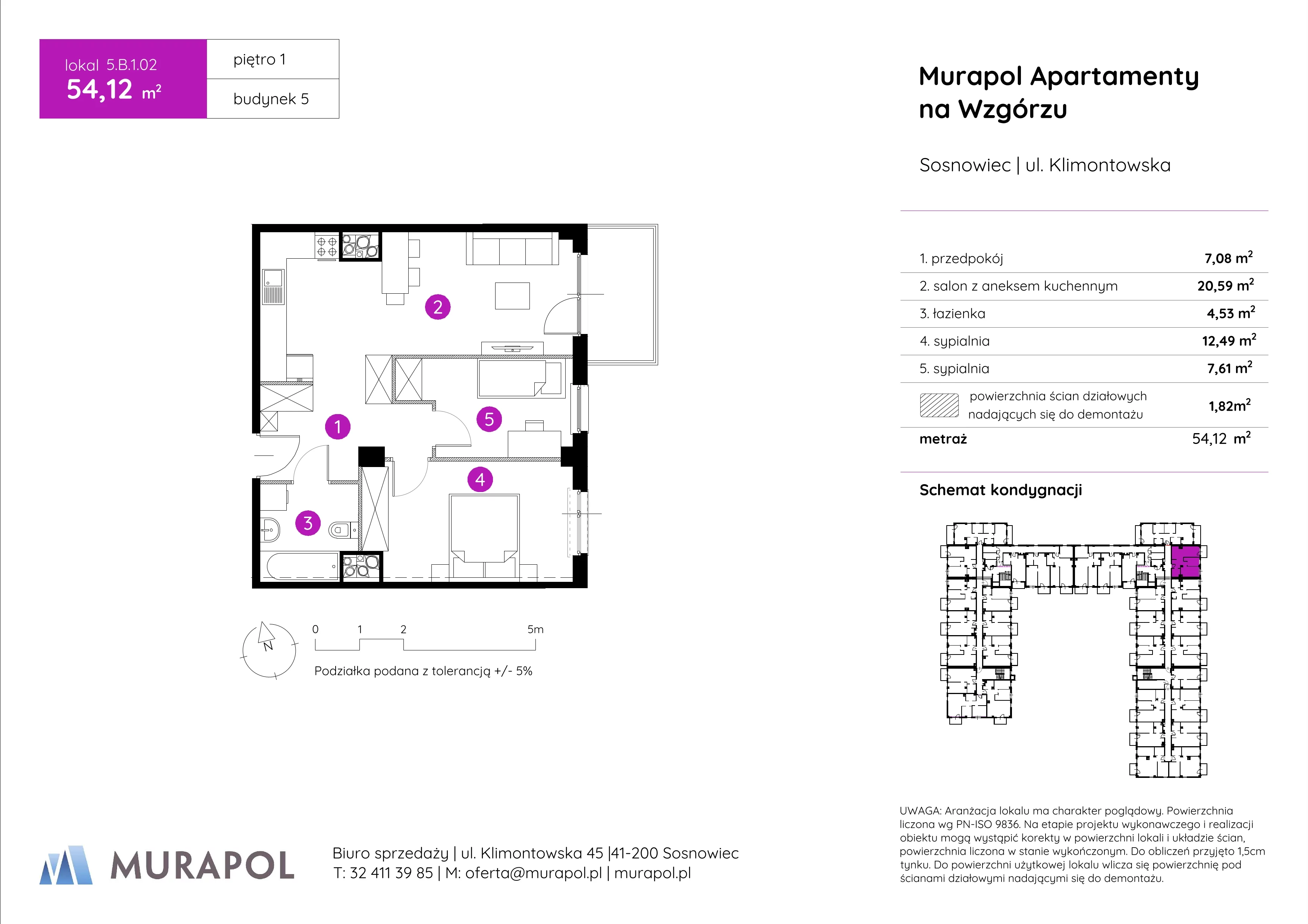 Mieszkanie 54,12 m², piętro 1, oferta nr 5.B.1.02, Murapol Apartamenty Na Wzgórzu, Sosnowiec, Klimontów, ul. Klimontowska 45