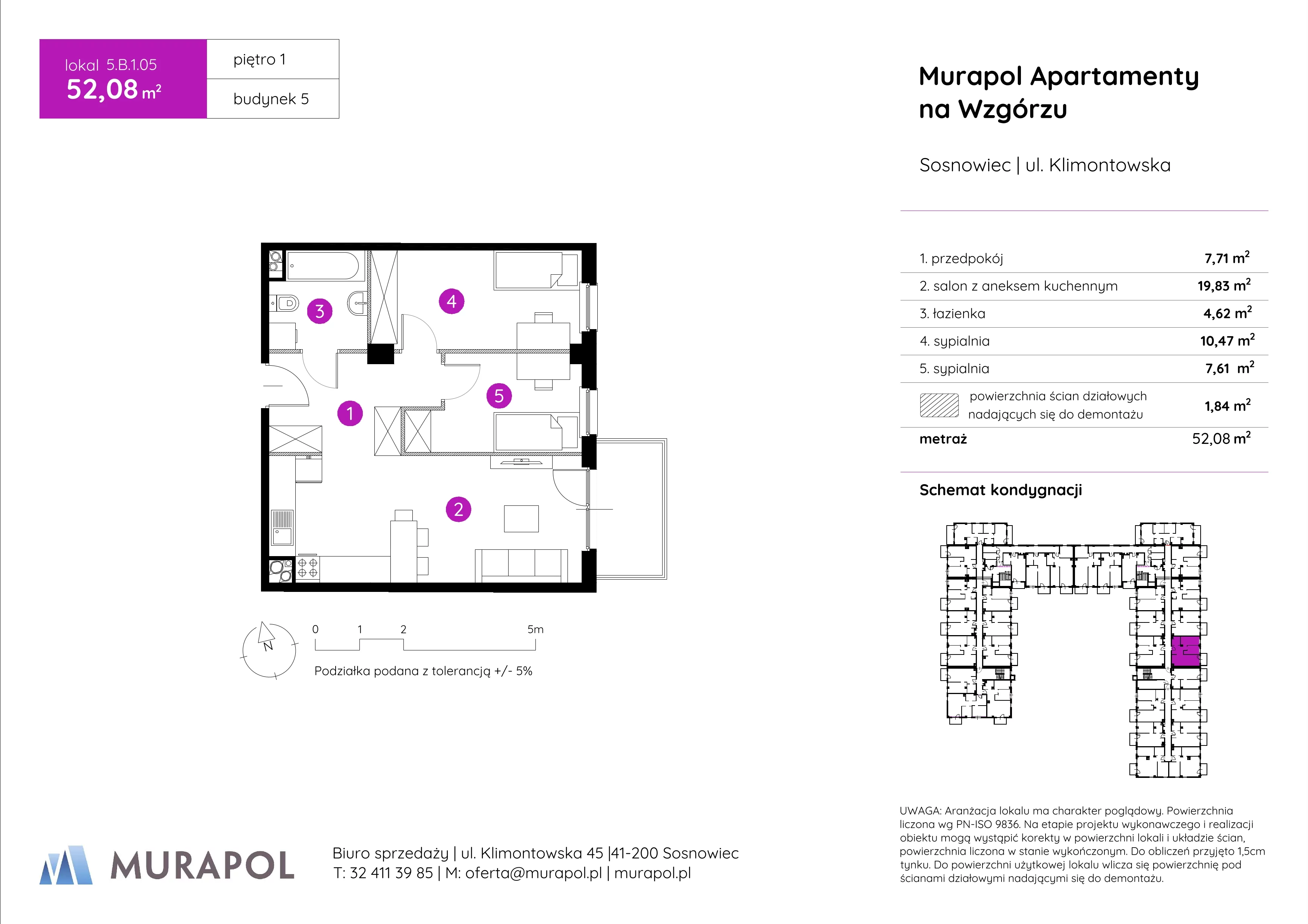 Mieszkanie 52,08 m², piętro 1, oferta nr 5.B.1.05, Murapol Apartamenty Na Wzgórzu, Sosnowiec, Klimontów, ul. Klimontowska 45