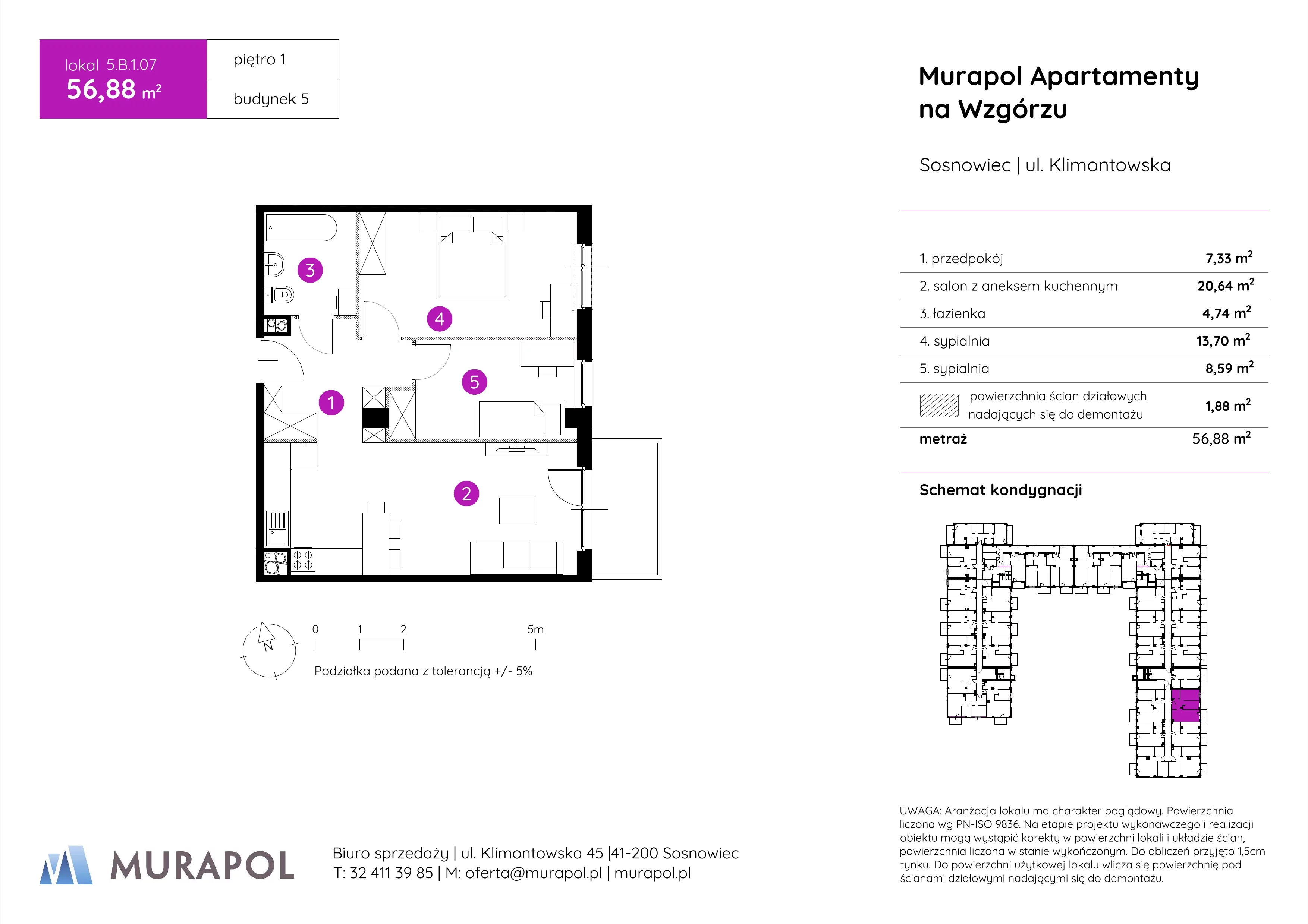 3 pokoje, mieszkanie 56,88 m², piętro 1, oferta nr 5.B.1.07, Murapol Apartamenty Na Wzgórzu, Sosnowiec, Klimontów, ul. Klimontowska 45