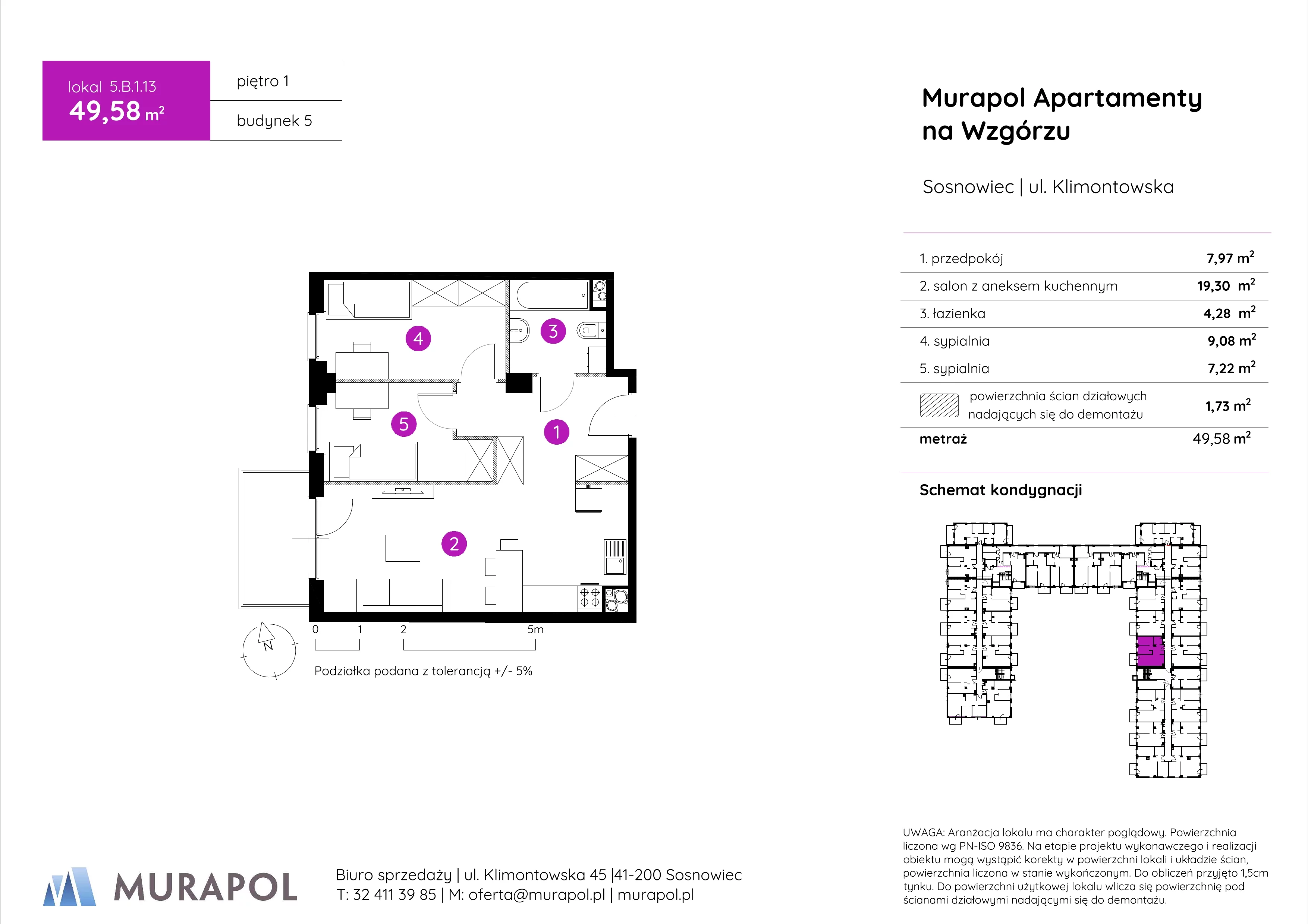 Mieszkanie 49,58 m², piętro 1, oferta nr 5.B.1.13, Murapol Apartamenty Na Wzgórzu, Sosnowiec, Klimontów, ul. Klimontowska 45