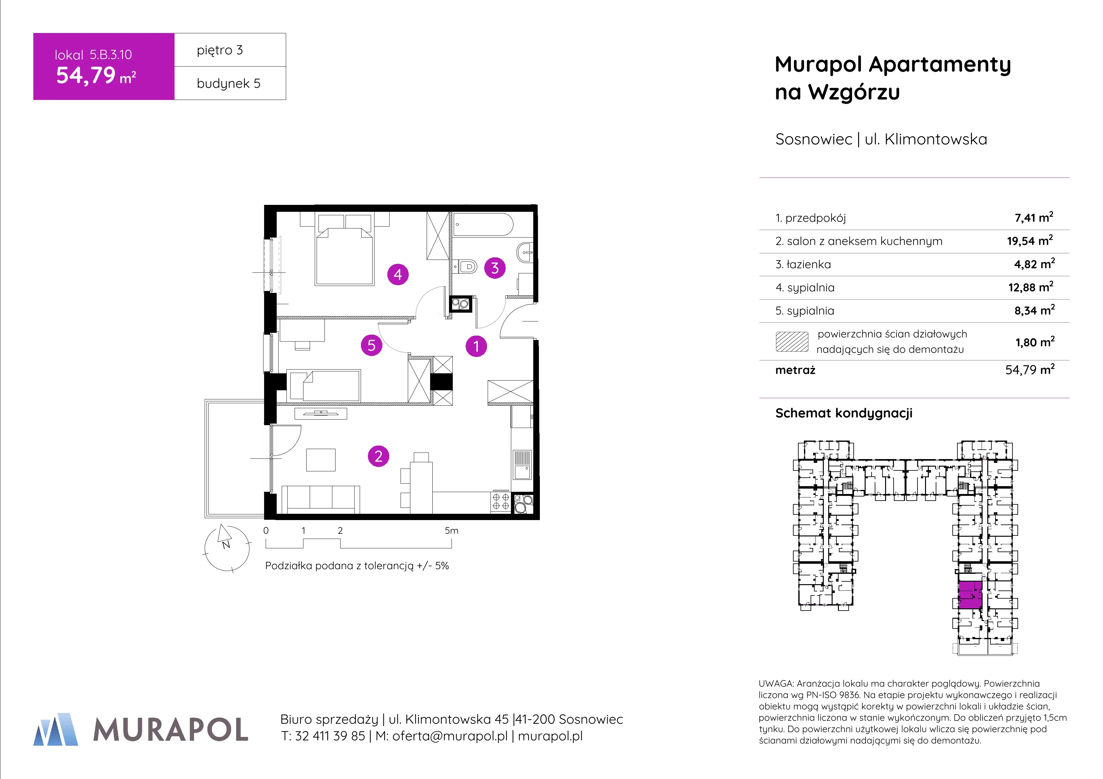 Mieszkanie 54,79 m², piętro 3, oferta nr 5.B.3.10, Murapol Apartamenty Na Wzgórzu, Sosnowiec, Klimontów, ul. Klimontowska 45