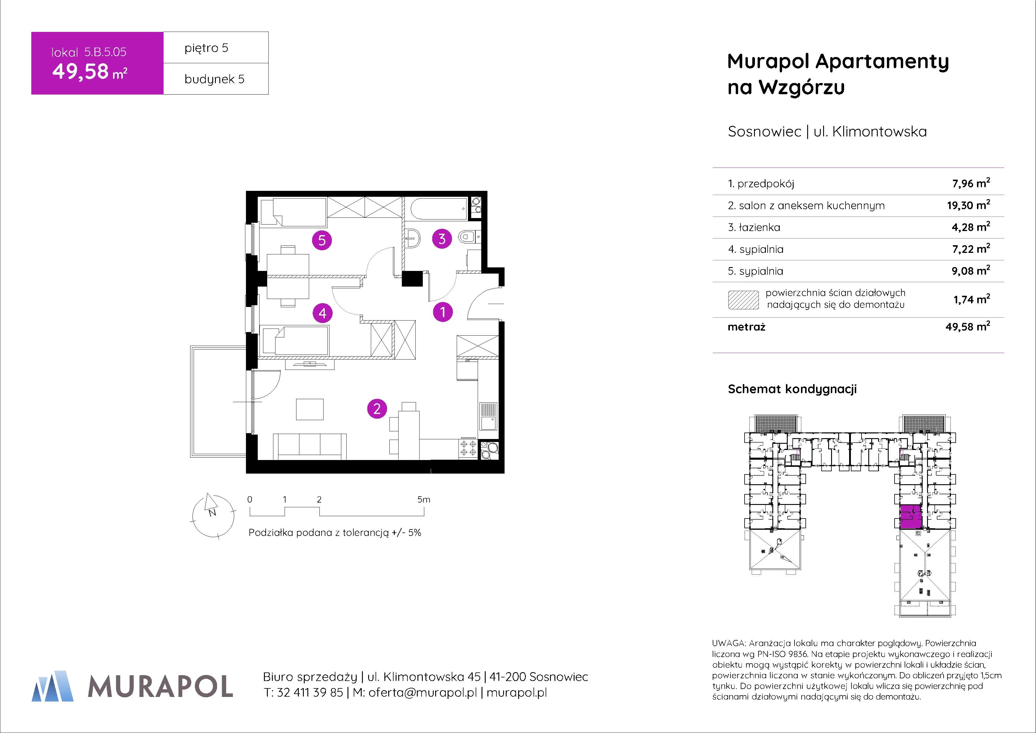 Mieszkanie 49,58 m², piętro 5, oferta nr 5.B.5.05, Murapol Apartamenty Na Wzgórzu, Sosnowiec, Klimontów, ul. Klimontowska 45