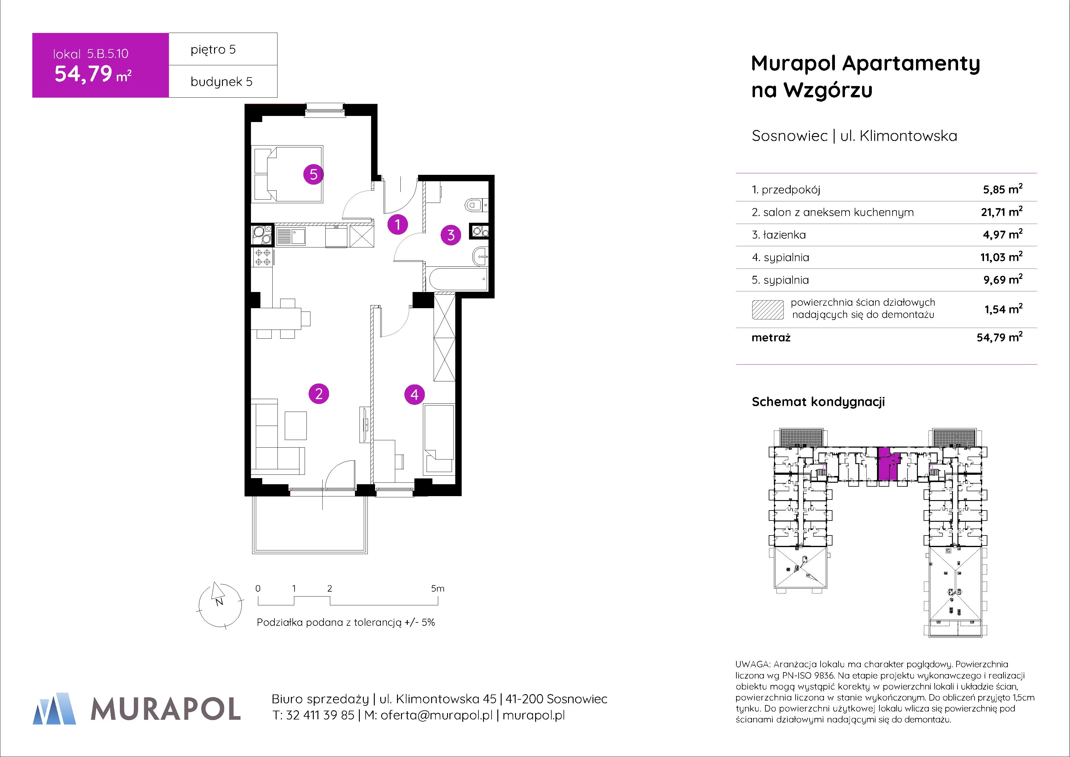 Mieszkanie 54,79 m², piętro 5, oferta nr 5.B.5.10, Murapol Apartamenty Na Wzgórzu, Sosnowiec, Klimontów, ul. Klimontowska 45