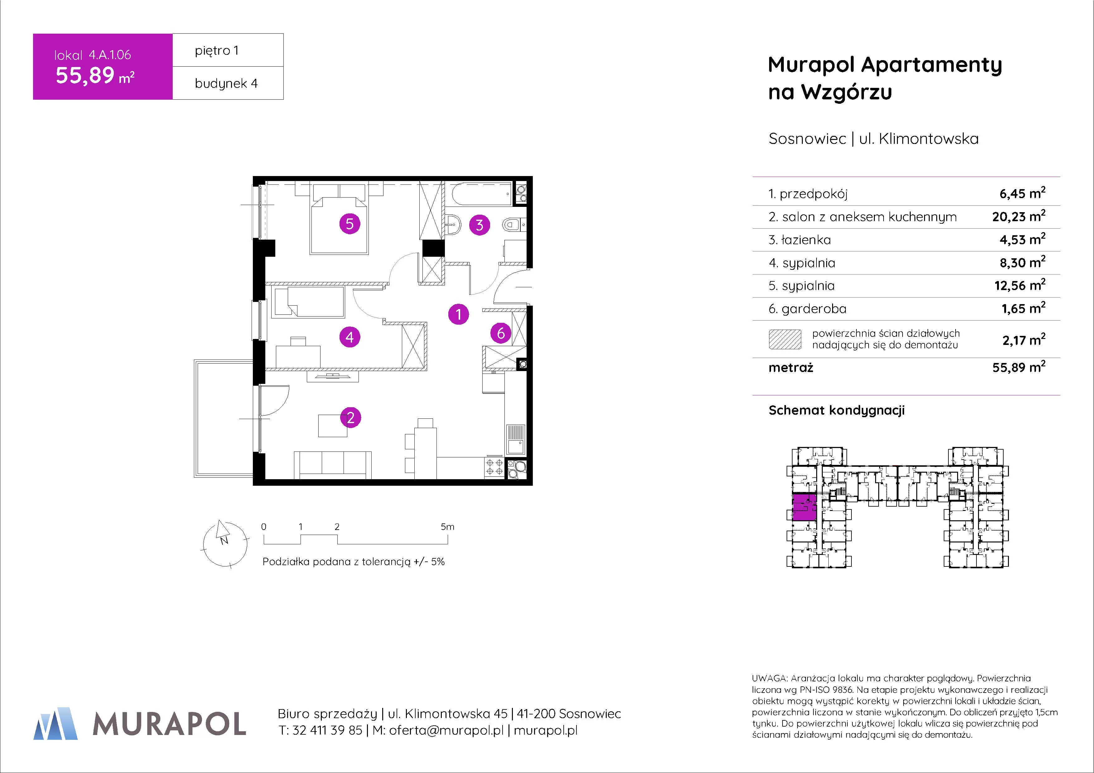 3 pokoje, mieszkanie 55,89 m², piętro 1, oferta nr 4.A.1.06, Murapol Apartamenty Na Wzgórzu, Sosnowiec, Klimontów, ul. Klimontowska 45