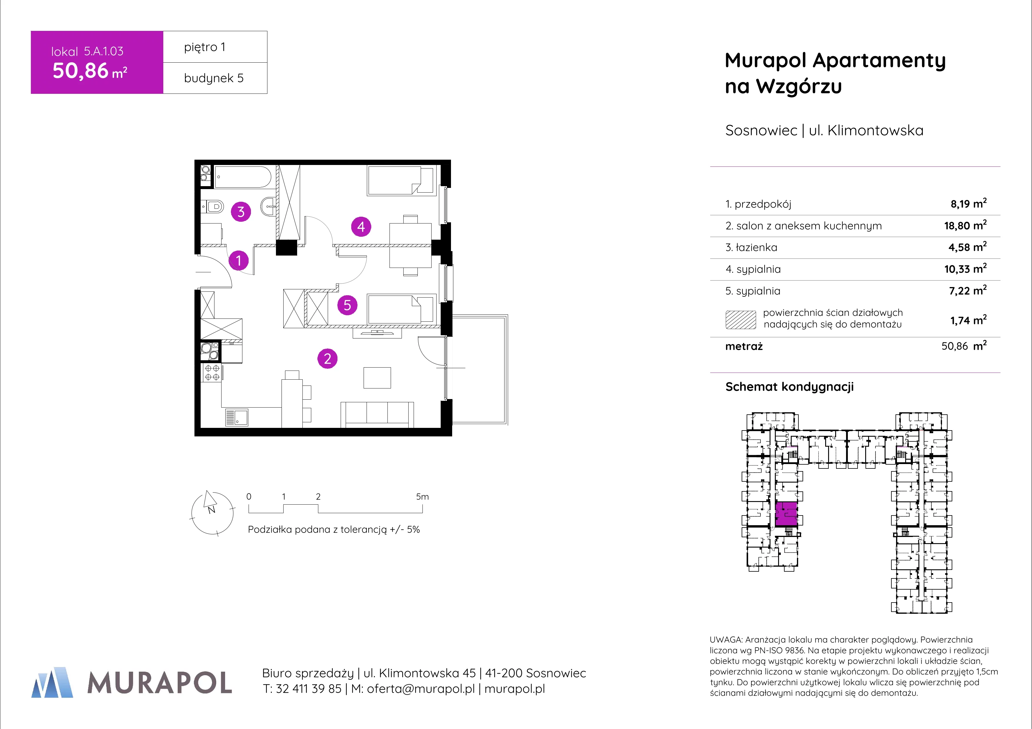 3 pokoje, mieszkanie 50,86 m², piętro 1, oferta nr 5.A.1.03, Murapol Apartamenty Na Wzgórzu, Sosnowiec, Klimontów, ul. Klimontowska 45