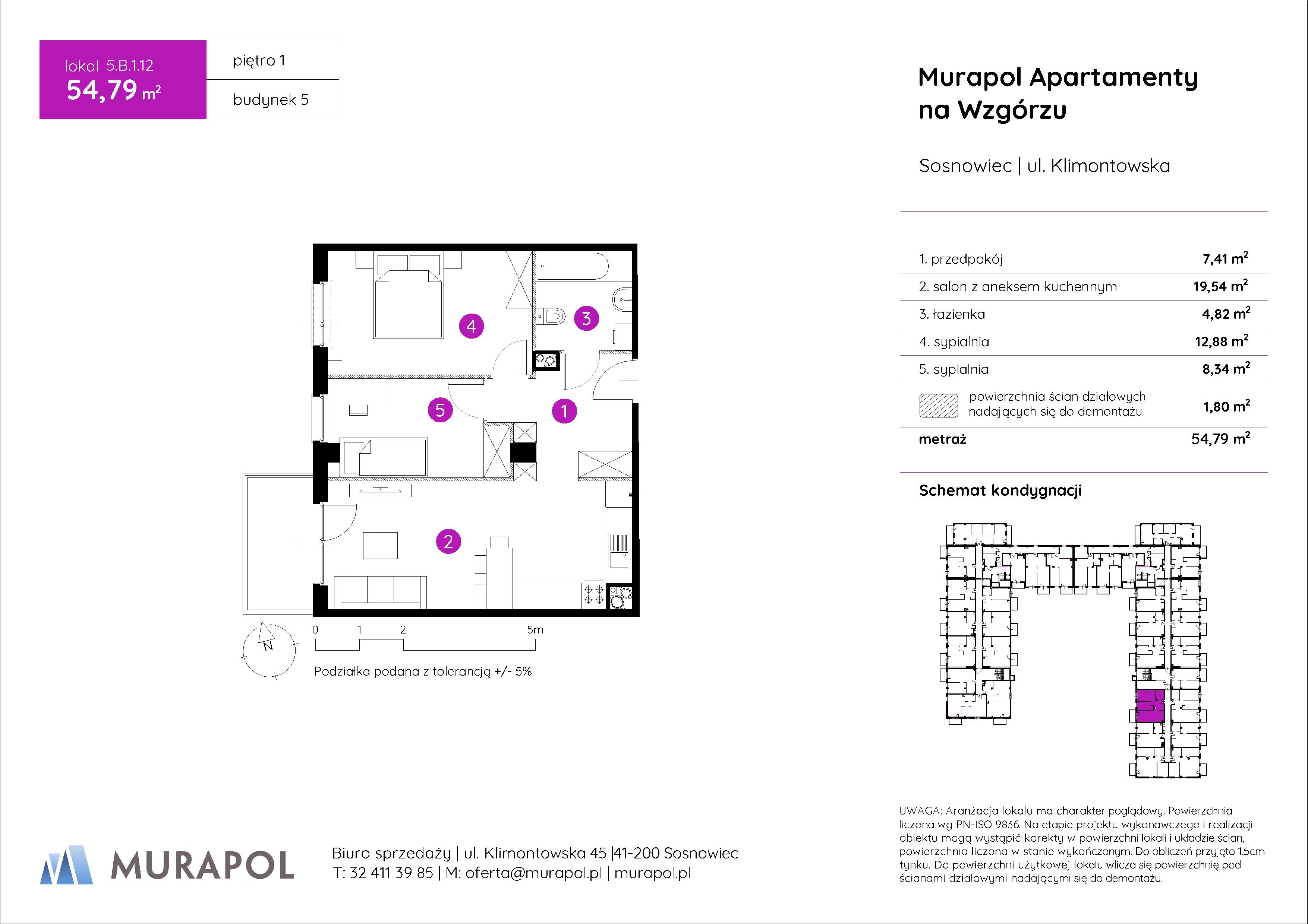 3 pokoje, mieszkanie 54,79 m², piętro 1, oferta nr 5.B.1.12, Murapol Apartamenty Na Wzgórzu, Sosnowiec, Klimontów, ul. Klimontowska 45