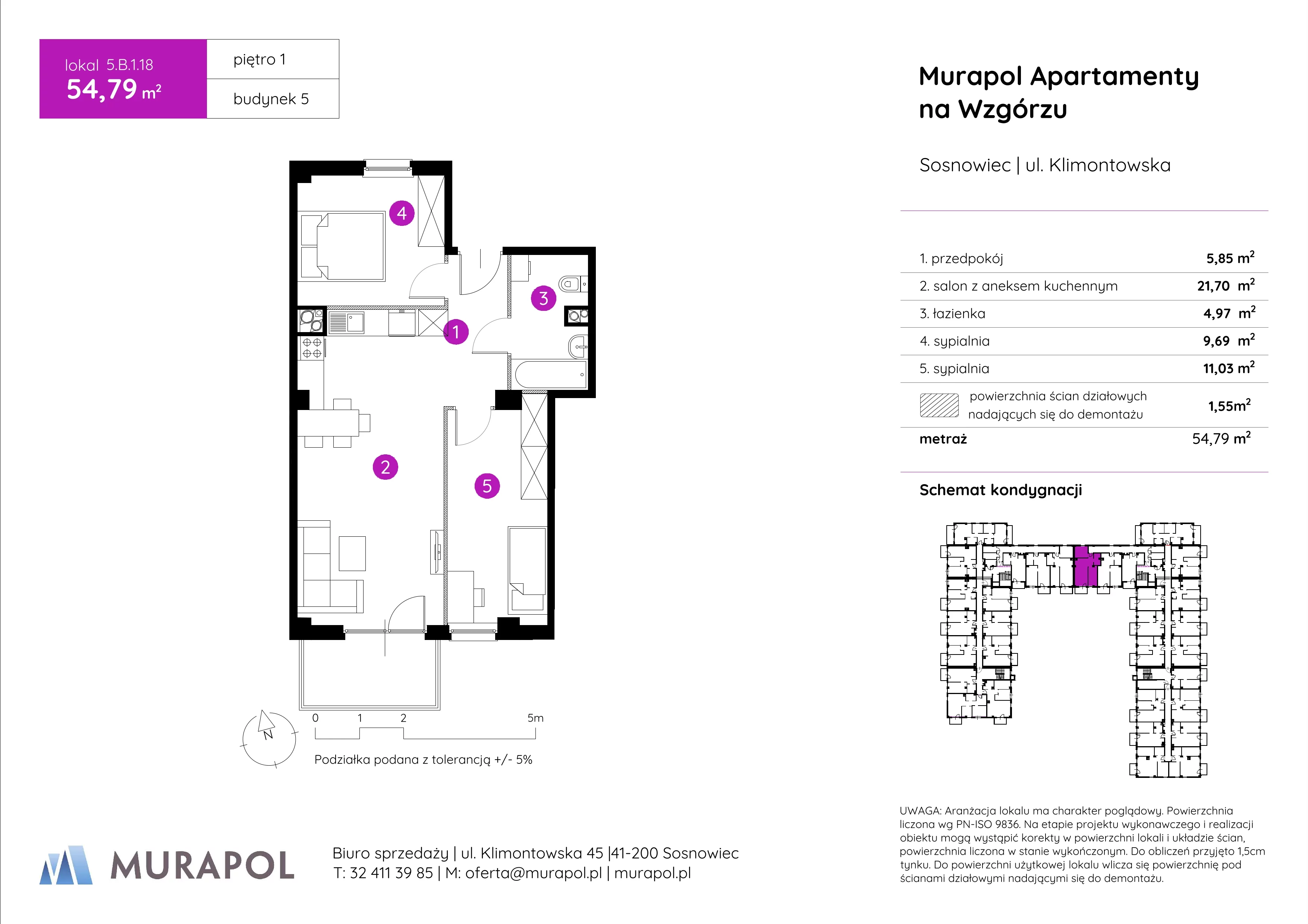 3 pokoje, mieszkanie 54,79 m², piętro 1, oferta nr 5.B.1.18, Murapol Apartamenty Na Wzgórzu, Sosnowiec, Klimontów, ul. Klimontowska 45
