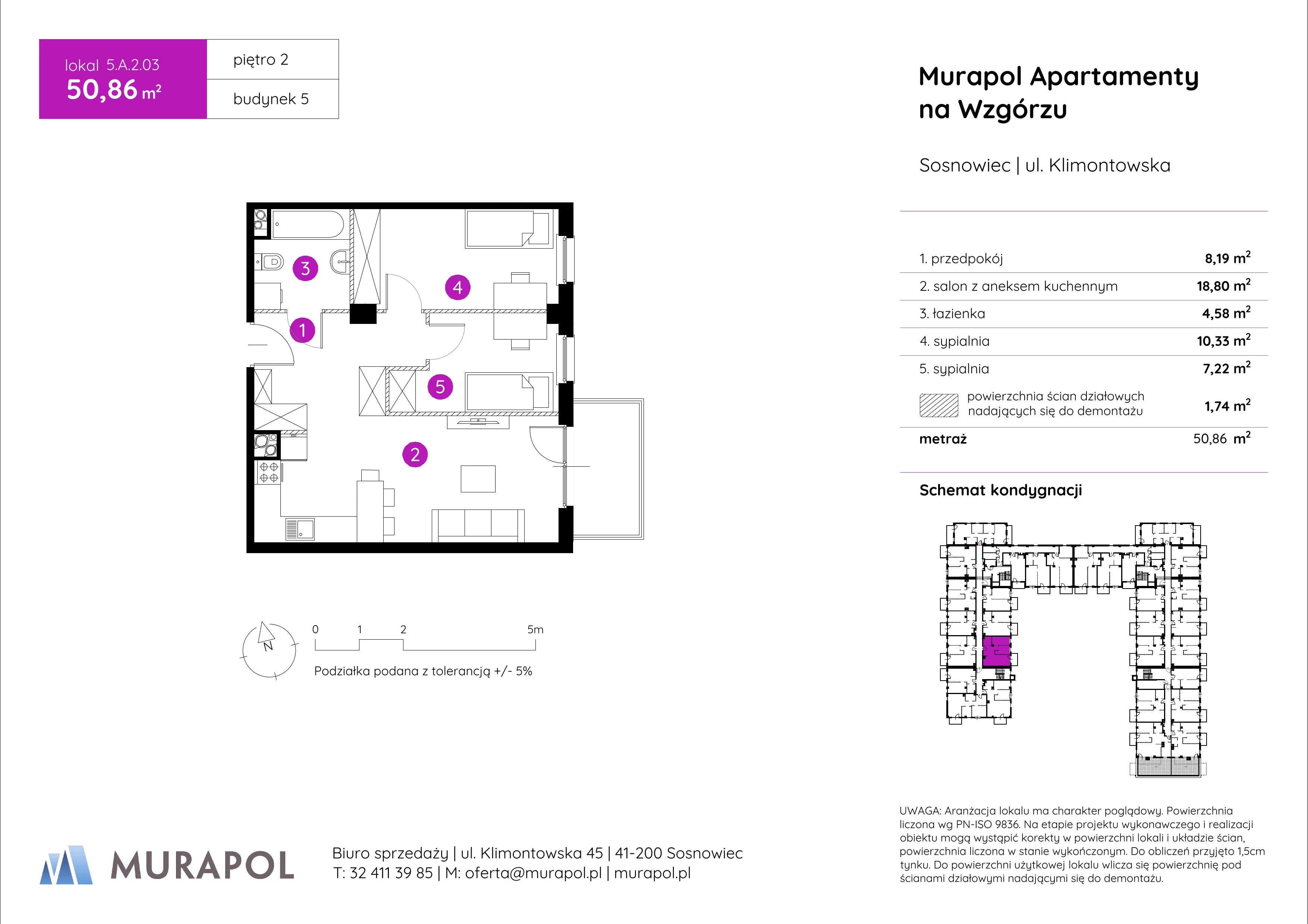 3 pokoje, mieszkanie 50,86 m², piętro 2, oferta nr 5.A.2.03, Murapol Apartamenty Na Wzgórzu, Sosnowiec, Klimontów, ul. Klimontowska 45