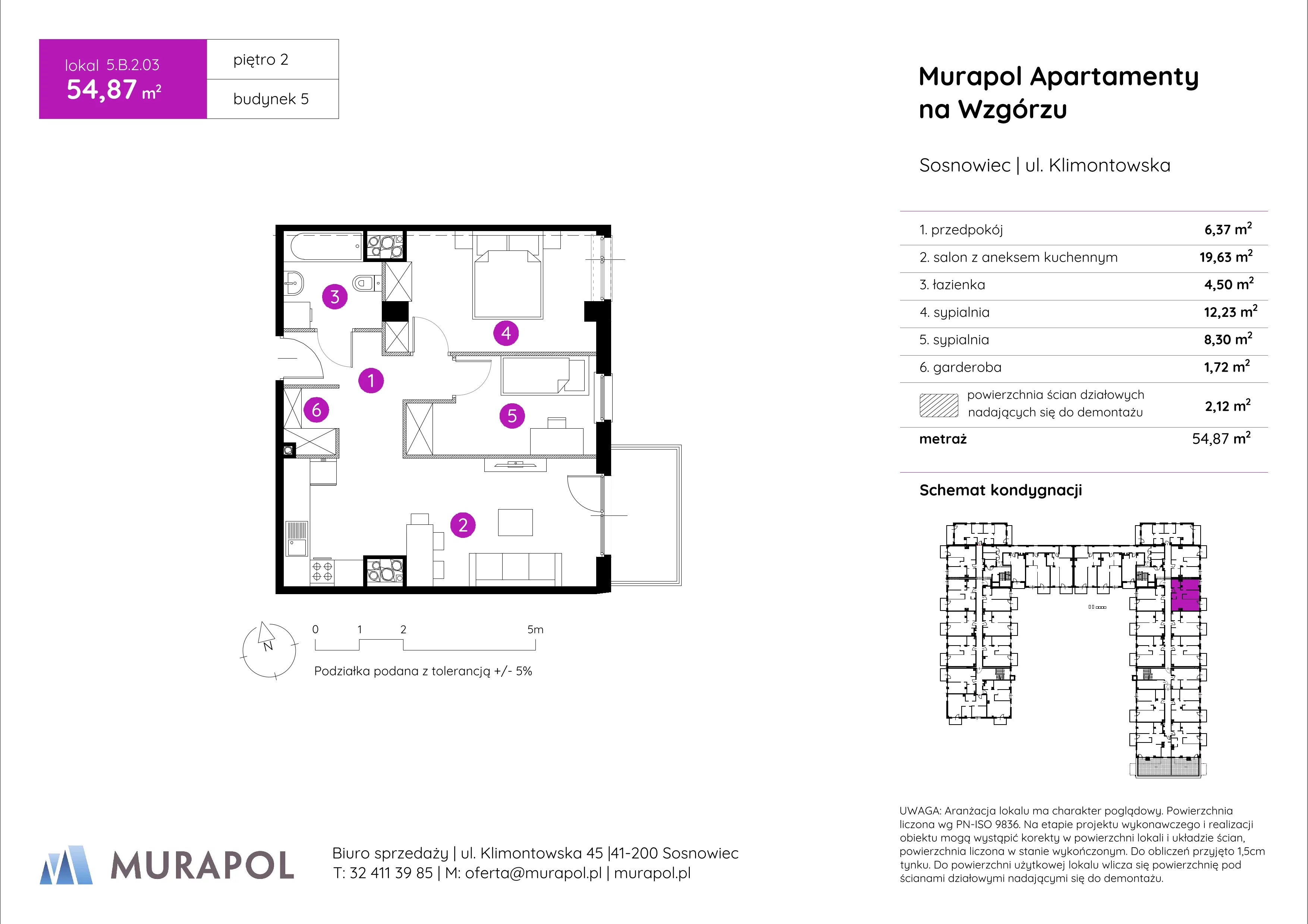3 pokoje, mieszkanie 54,87 m², piętro 2, oferta nr 5.B.2.03, Murapol Apartamenty Na Wzgórzu, Sosnowiec, Klimontów, ul. Klimontowska 45