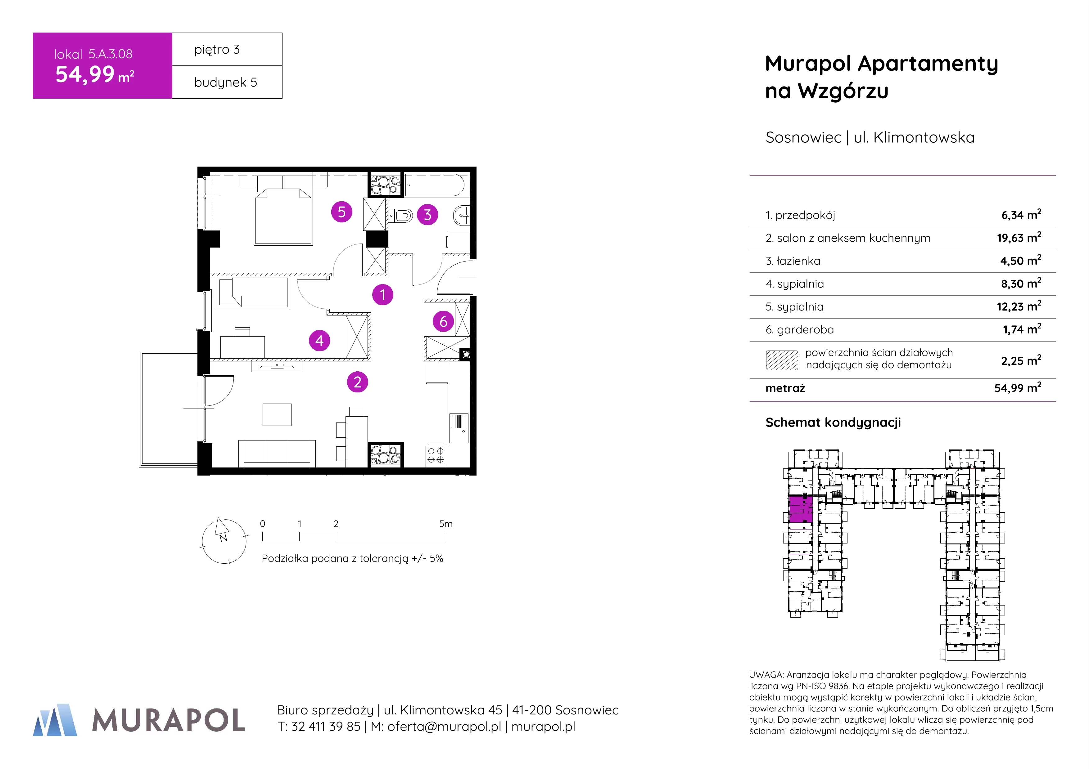 3 pokoje, mieszkanie 54,99 m², piętro 3, oferta nr 5.A.3.08, Murapol Apartamenty Na Wzgórzu, Sosnowiec, Klimontów, ul. Klimontowska 45