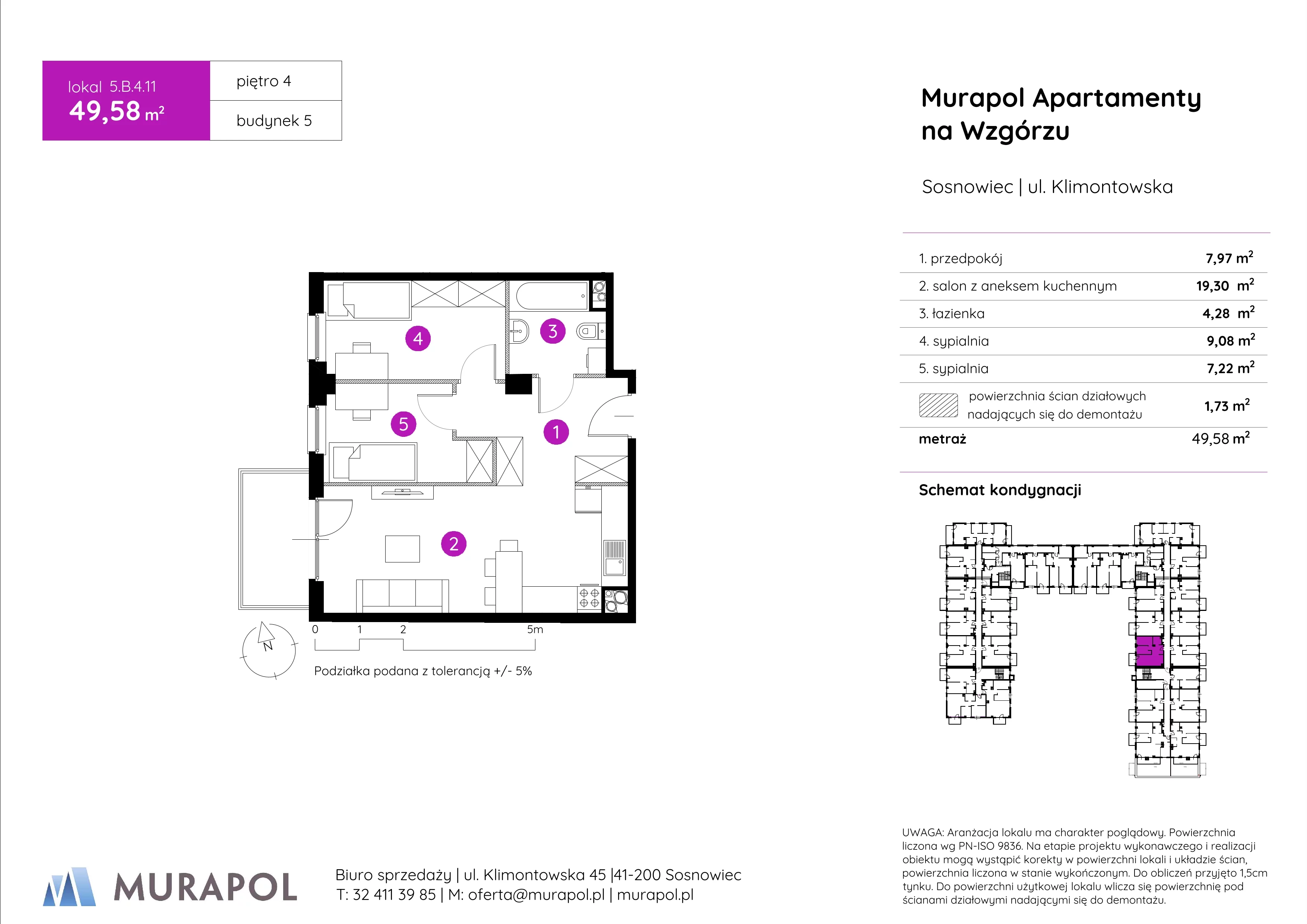 3 pokoje, mieszkanie 49,58 m², piętro 4, oferta nr 5.B.4.11, Murapol Apartamenty Na Wzgórzu, Sosnowiec, Klimontów, ul. Klimontowska 45