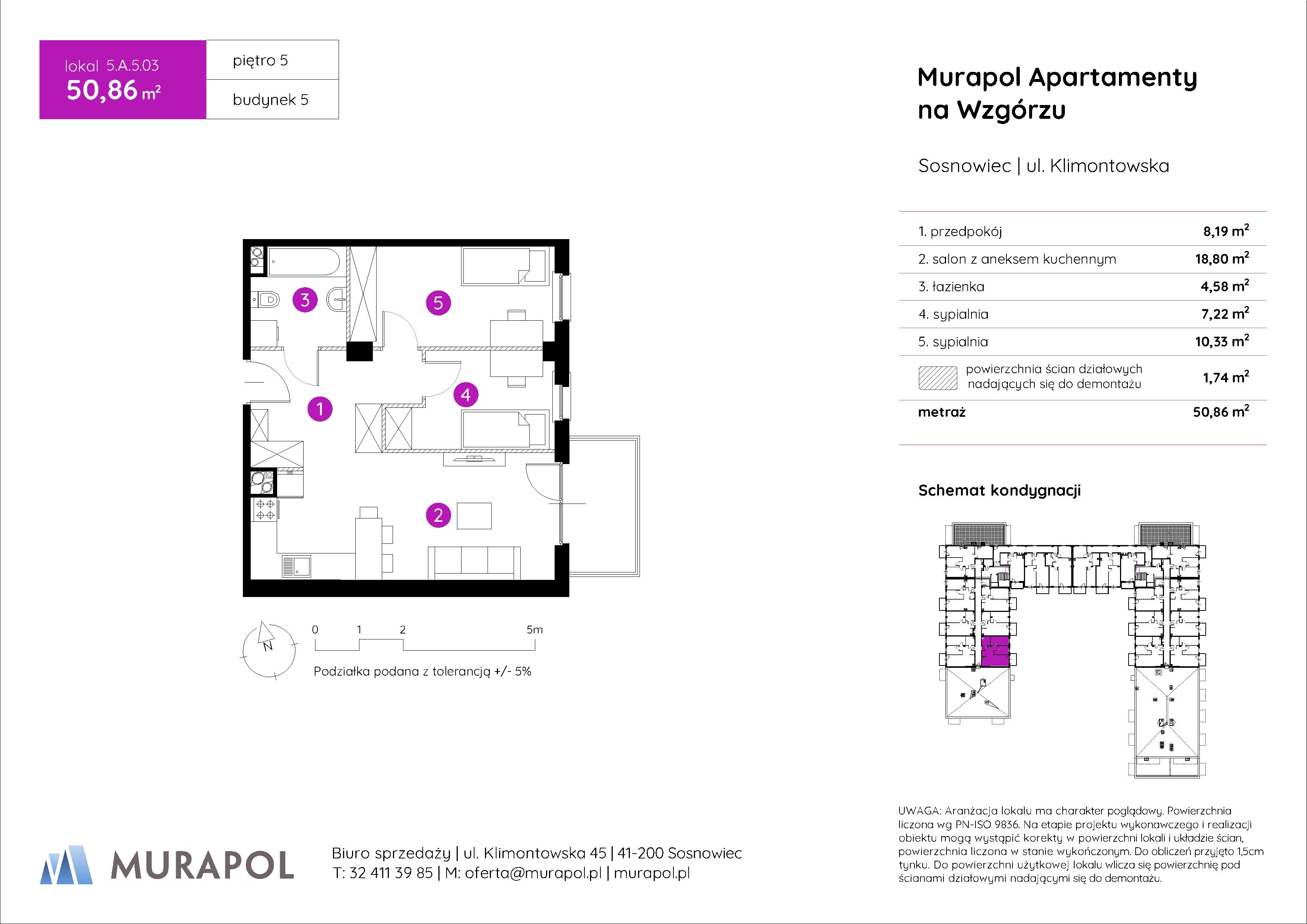 3 pokoje, mieszkanie 50,86 m², piętro 5, oferta nr 5.A.5.03, Murapol Apartamenty Na Wzgórzu, Sosnowiec, Klimontów, ul. Klimontowska 45