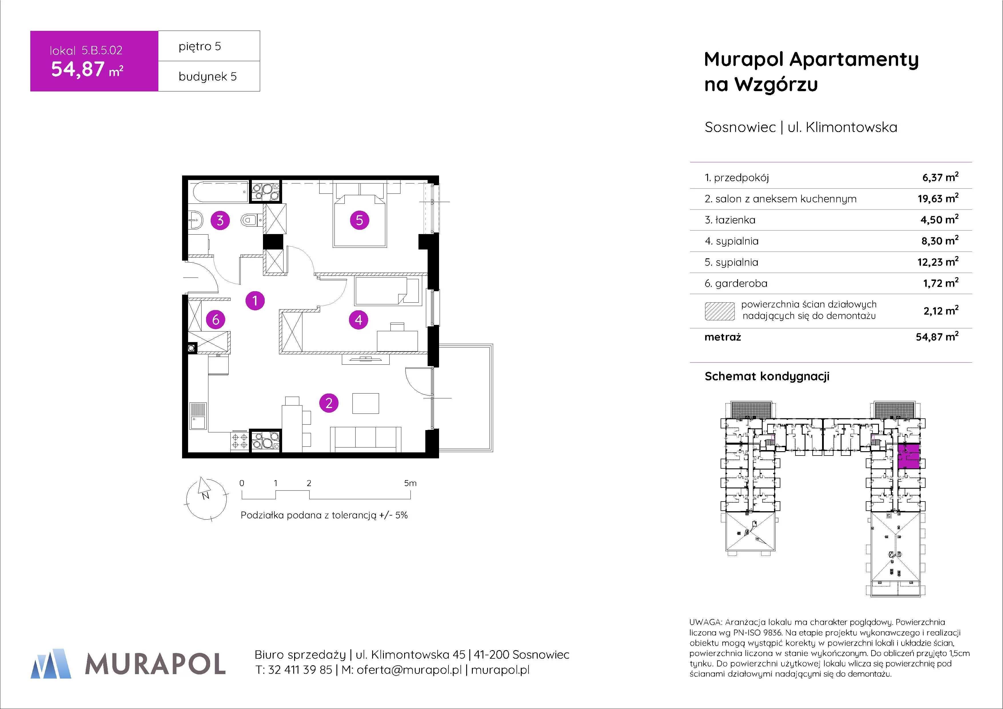 3 pokoje, mieszkanie 54,87 m², piętro 5, oferta nr 5.B.5.02, Murapol Apartamenty Na Wzgórzu, Sosnowiec, Klimontów, ul. Klimontowska 45