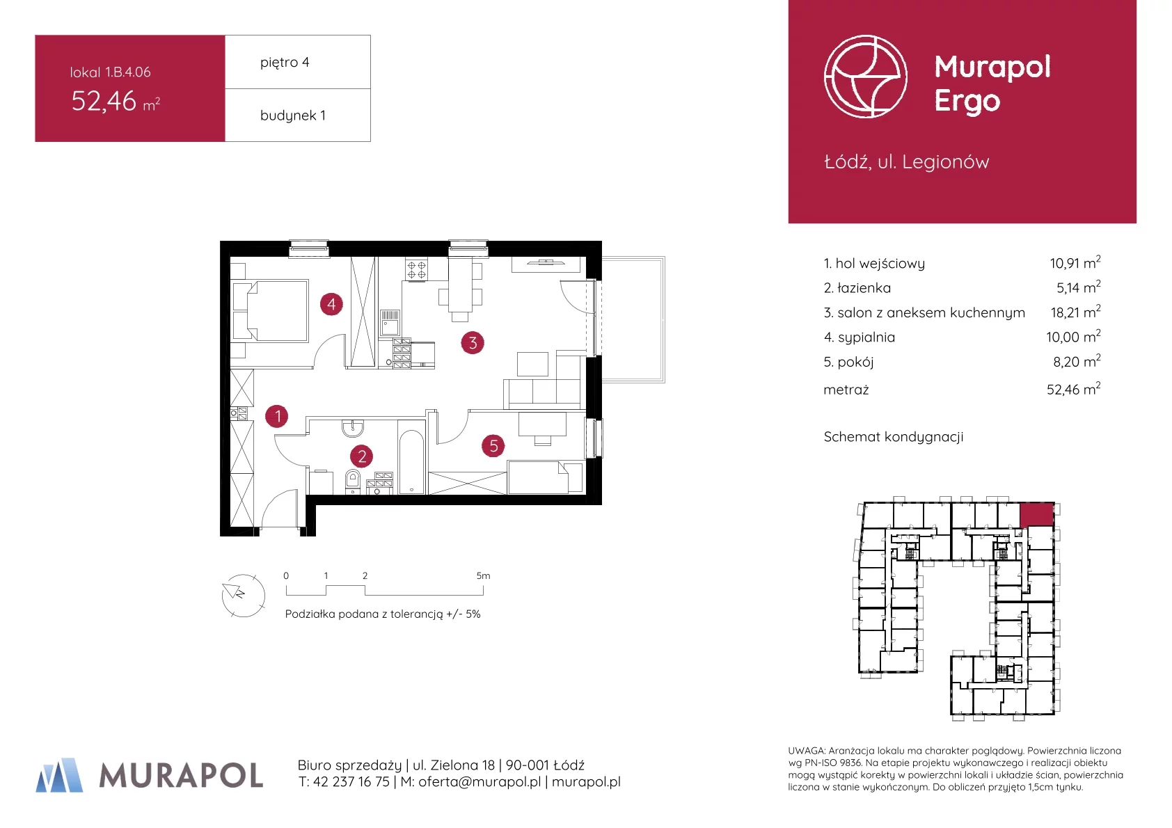 3 pokoje, mieszkanie 52,46 m², piętro 4, oferta nr 1.B.4.06, Murapol Ergo, Łódź, Polesie, Stare Polesie, ul. Legionów