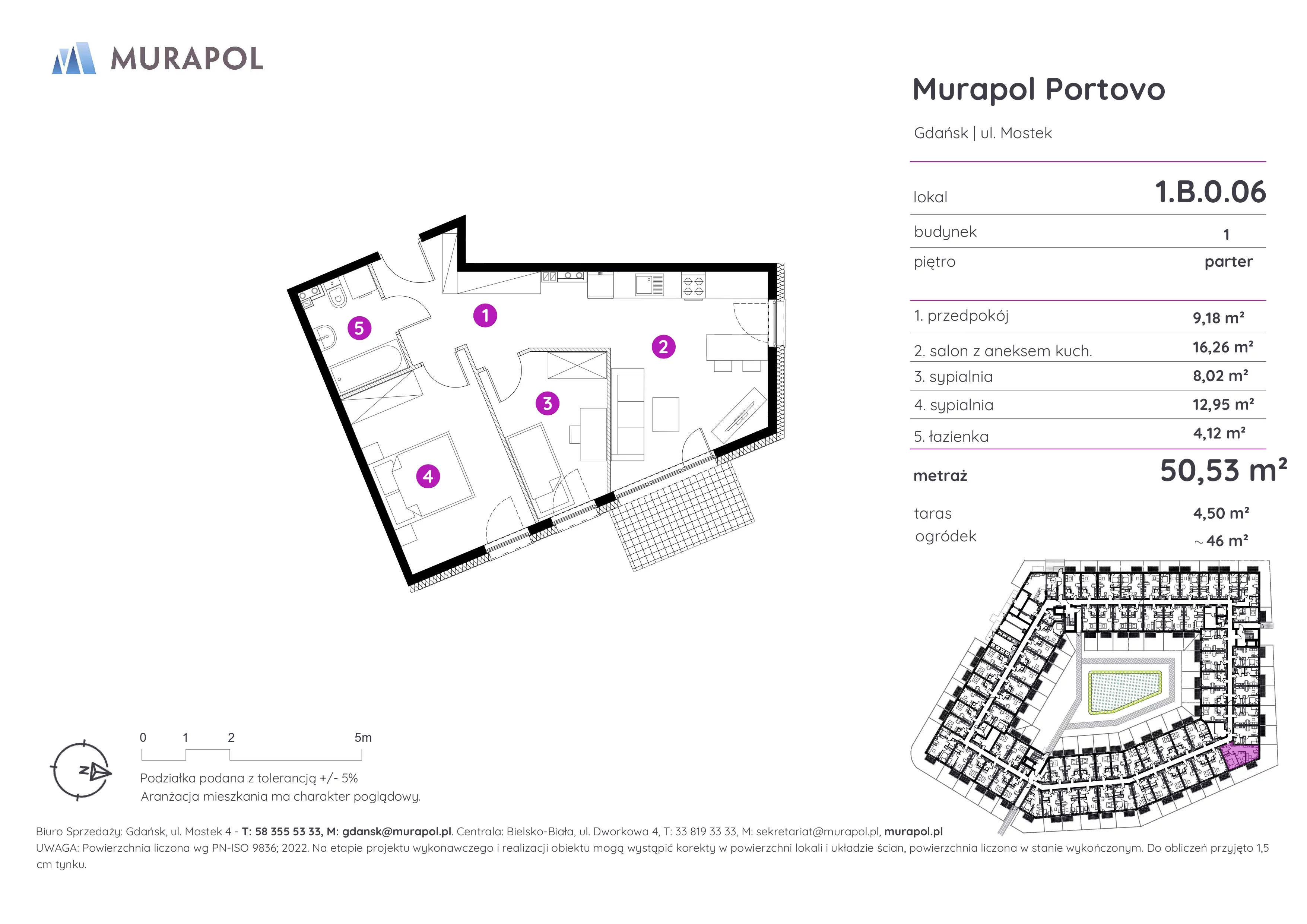 3 pokoje, apartament inwestycyjny 50,53 m², parter, oferta nr 1.B.0.06, Murapol Portovo, Gdańsk, Śródmieście, ul. Mostek