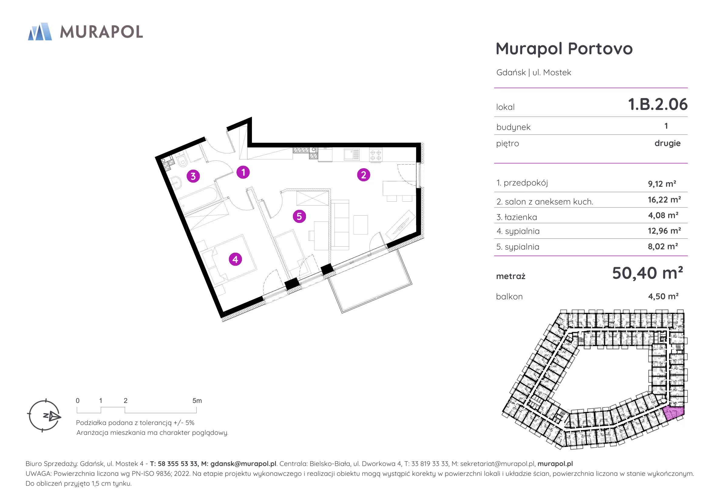 3 pokoje, apartament inwestycyjny 50,40 m², piętro 2, oferta nr 1.B.2.06, Murapol Portovo, Gdańsk, Śródmieście, ul. Mostek