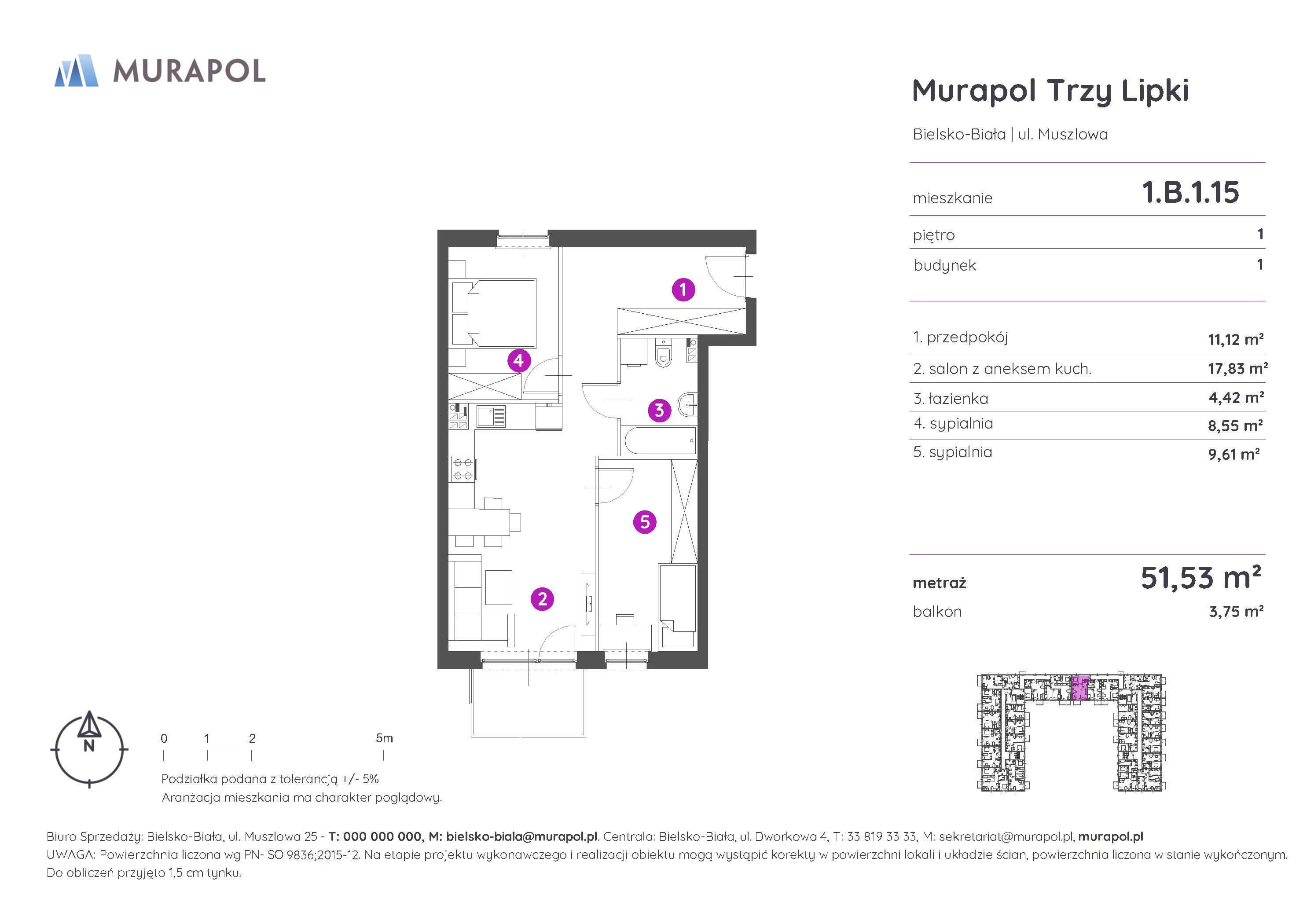 Mieszkanie 51,53 m², piętro 1, oferta nr 1.B.1.15, Murapol Trzy Lipki, Bielsko-Biała, Stare Bielsko, ul. Muszlowa