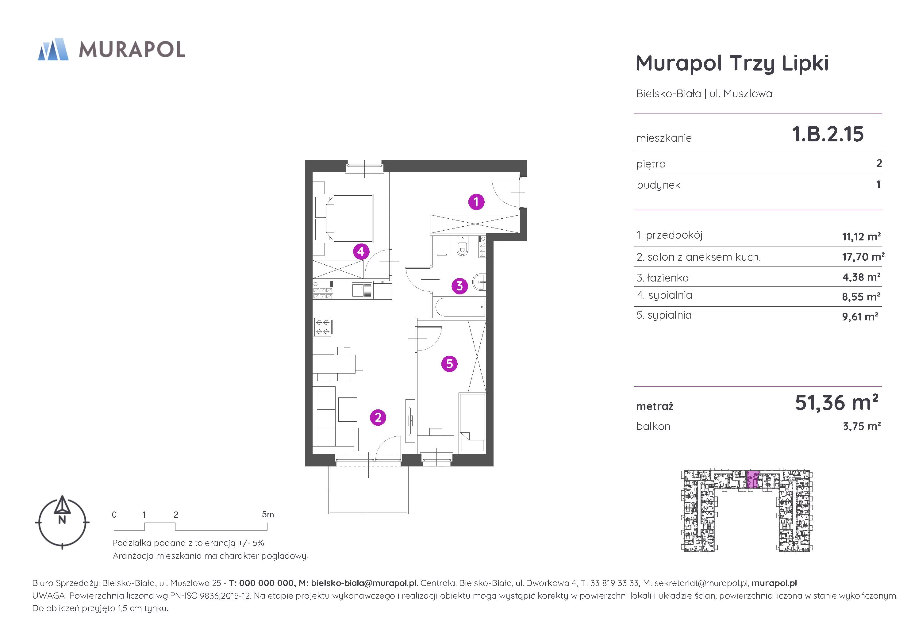 Mieszkanie 51,36 m², piętro 2, oferta nr 1.B.2.15, Murapol Trzy Lipki, Bielsko-Biała, Stare Bielsko, ul. Muszlowa