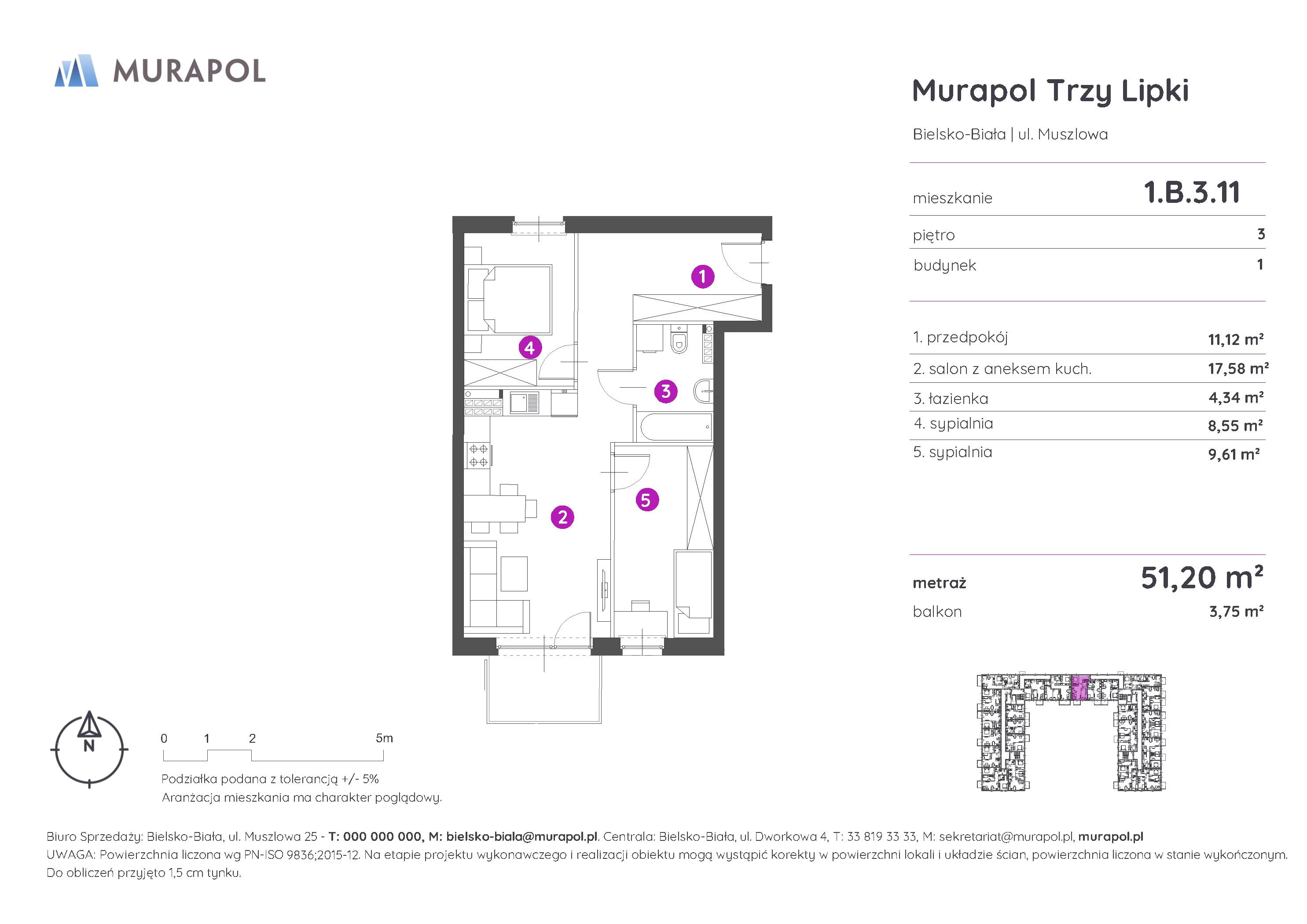 Mieszkanie 51,20 m², piętro 3, oferta nr 1.B.3.11, Murapol Trzy Lipki, Bielsko-Biała, Stare Bielsko, ul. Muszlowa-idx