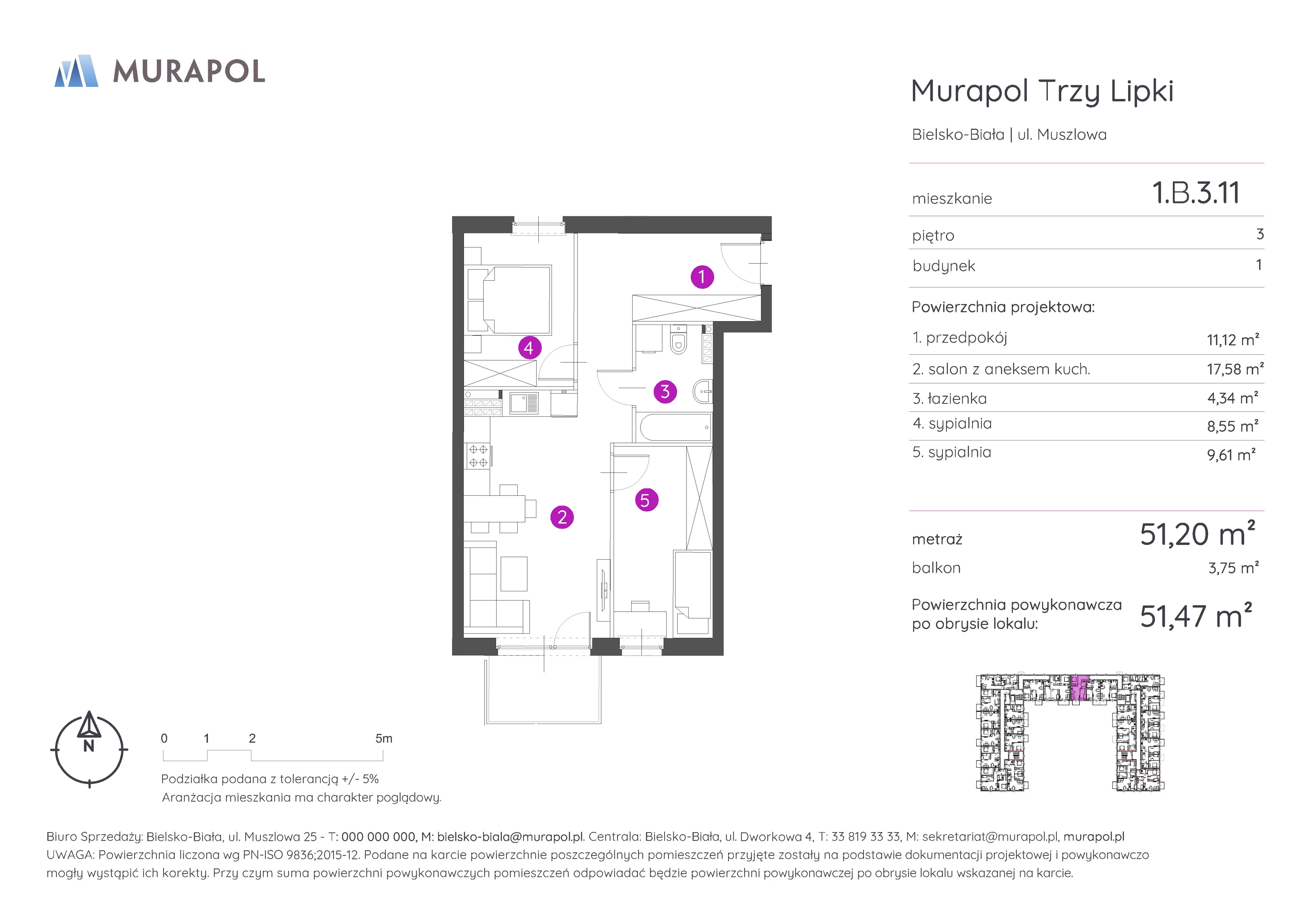 3 pokoje, mieszkanie 51,47 m², piętro 3, oferta nr 1.B.3.11, Murapol Trzy Lipki, Bielsko-Biała, Stare Bielsko, ul. Muszlowa