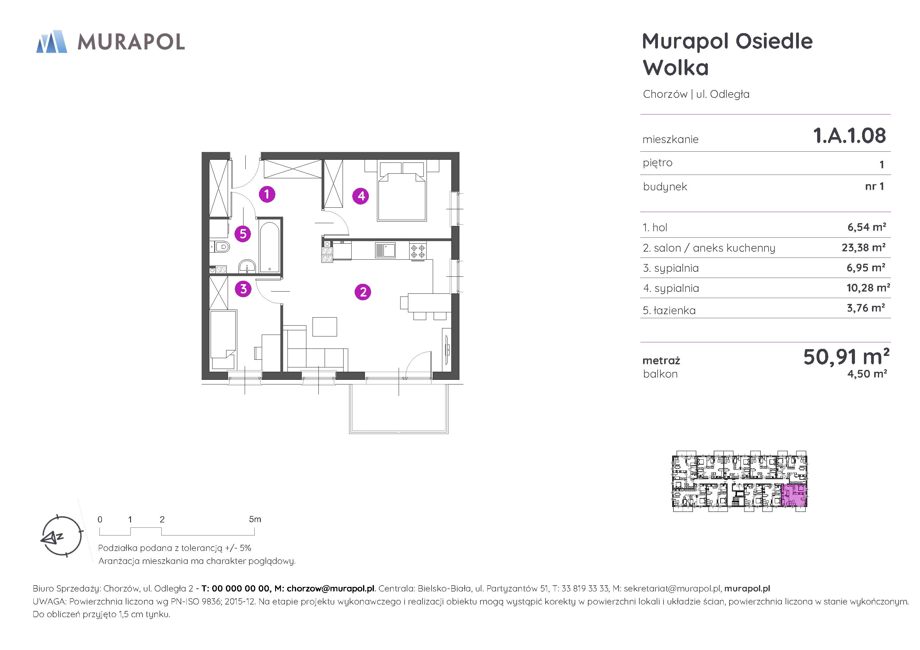 Mieszkanie 50,91 m², piętro 1, oferta nr 1.A.1.08, Murapol Osiedle Wolka, Chorzów, Centrum, ul. Odległa