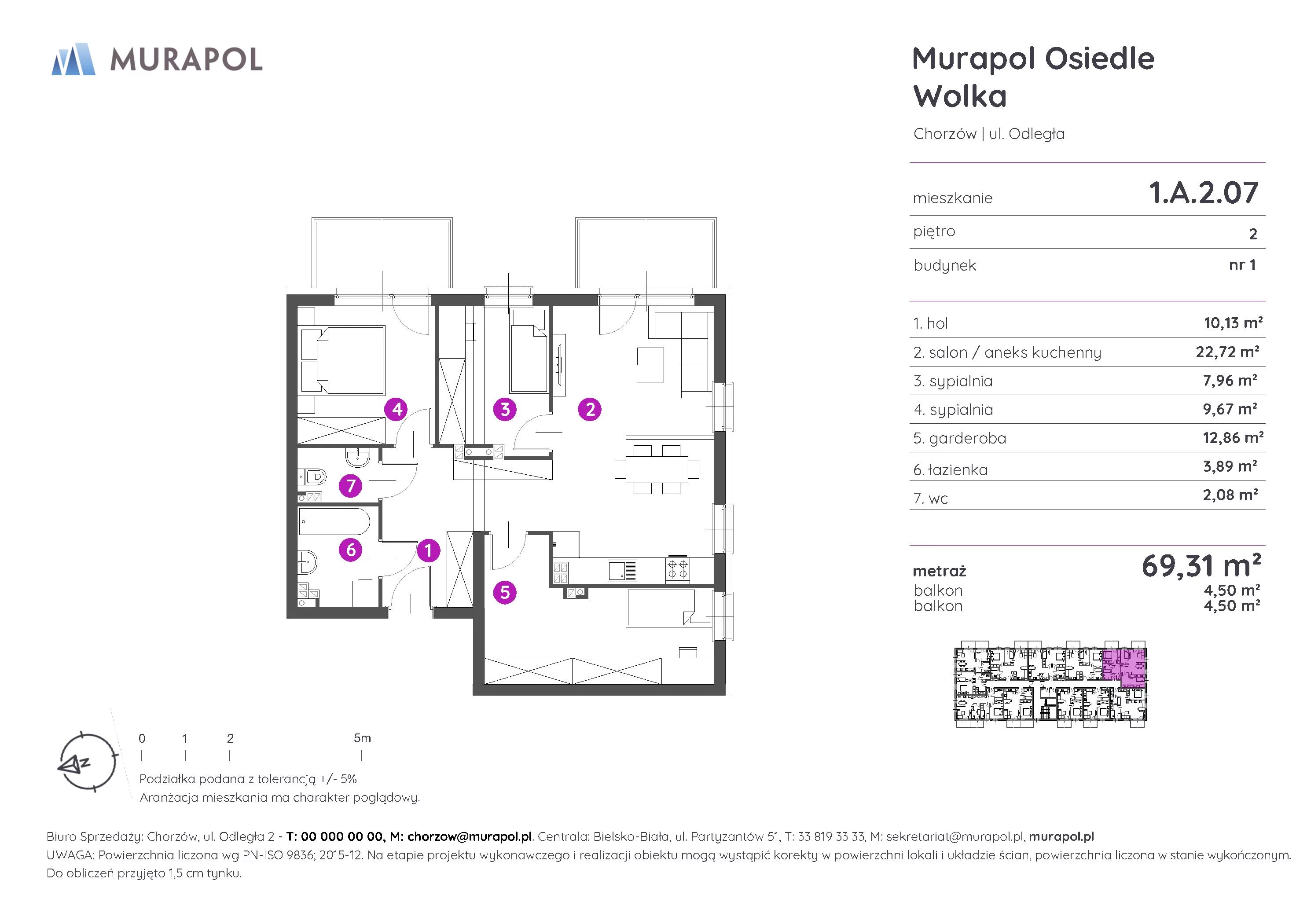 Mieszkanie 69,31 m², piętro 2, oferta nr 1.A.2.07, Murapol Osiedle Wolka, Chorzów, Centrum, ul. Odległa