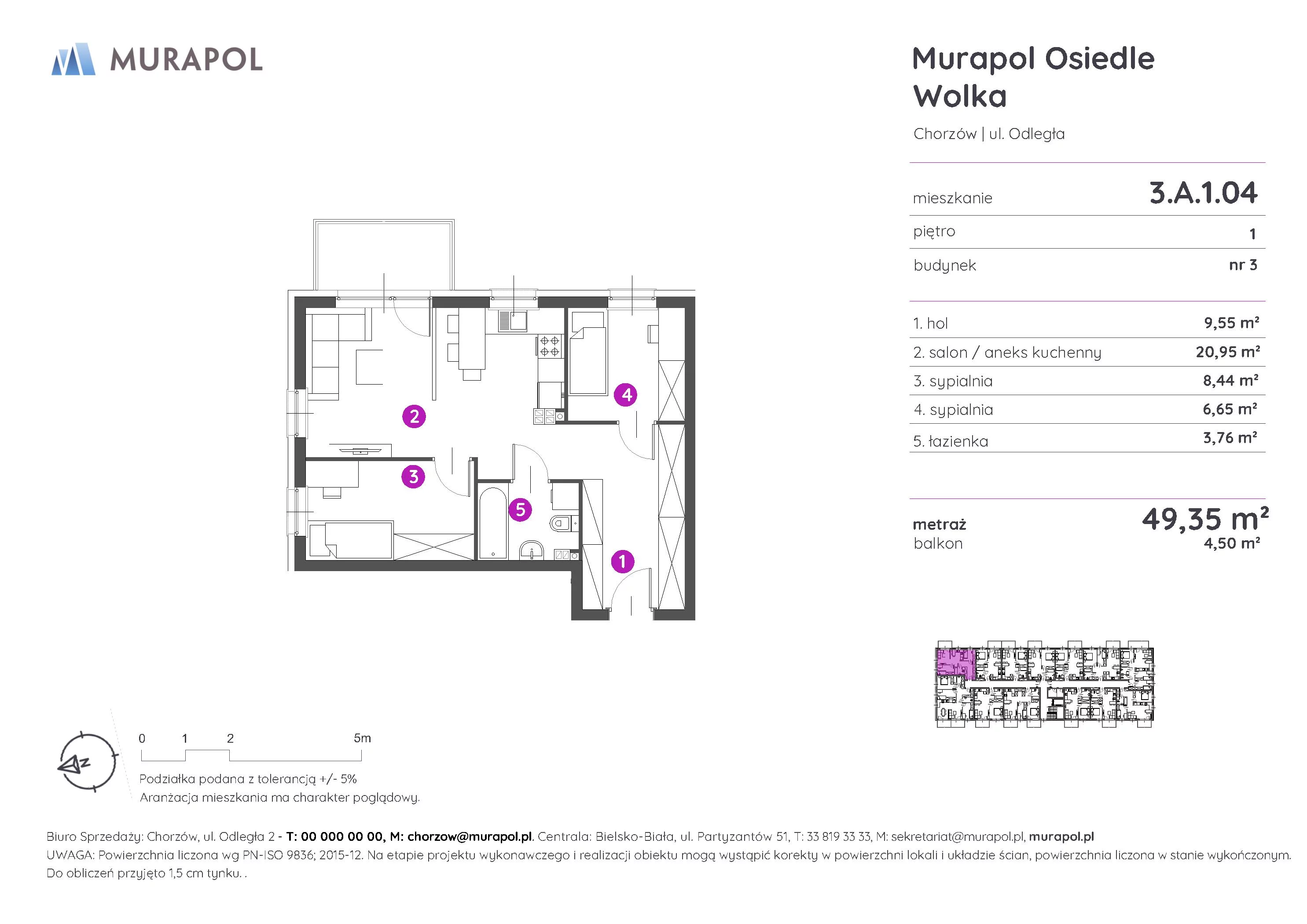 Mieszkanie 49,35 m², piętro 1, oferta nr 3.A.1.04, Murapol Osiedle Wolka, Chorzów, Centrum, ul. Odległa