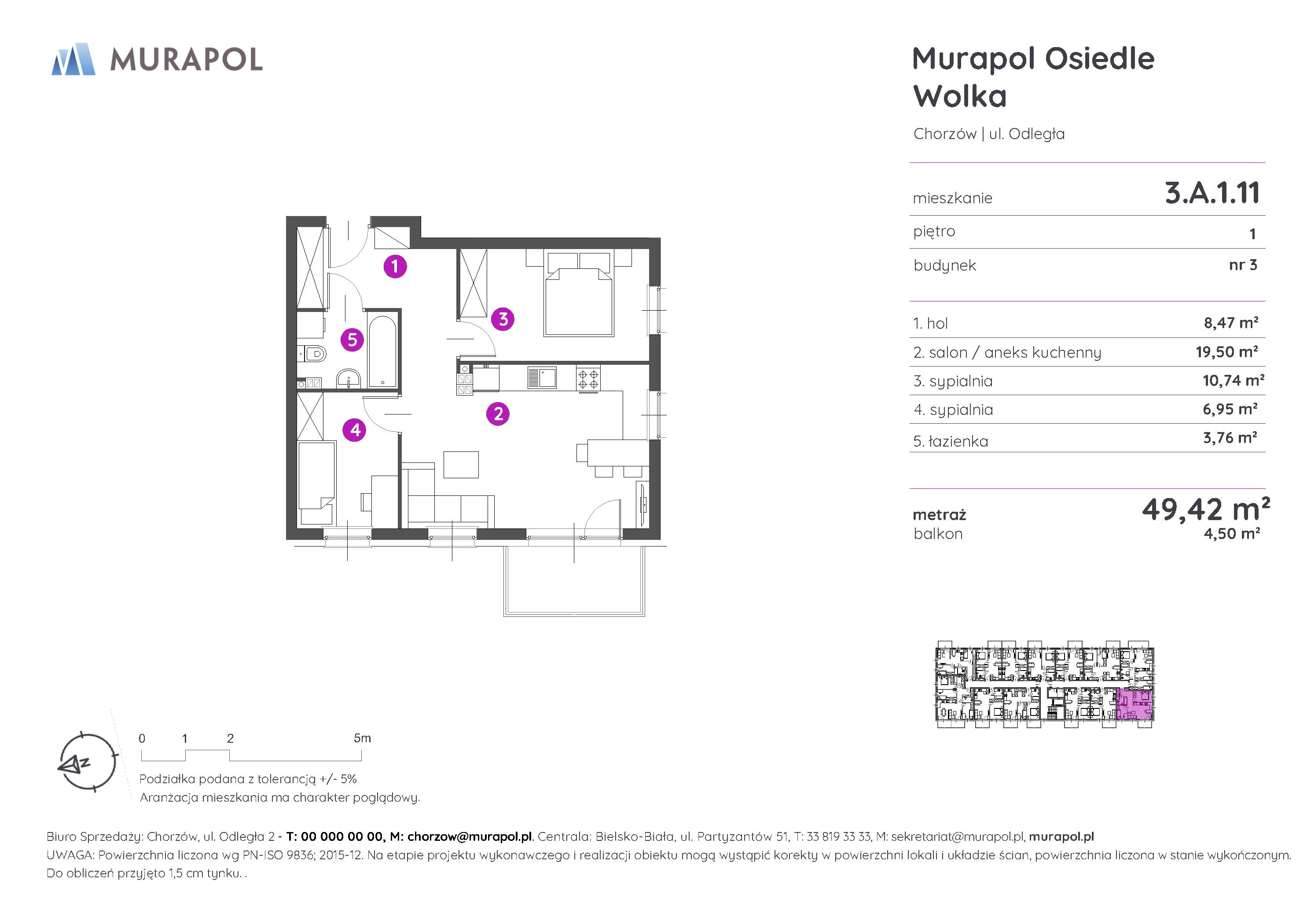 Mieszkanie 49,42 m², piętro 1, oferta nr 3.A.1.11, Murapol Osiedle Wolka, Chorzów, Centrum, ul. Odległa