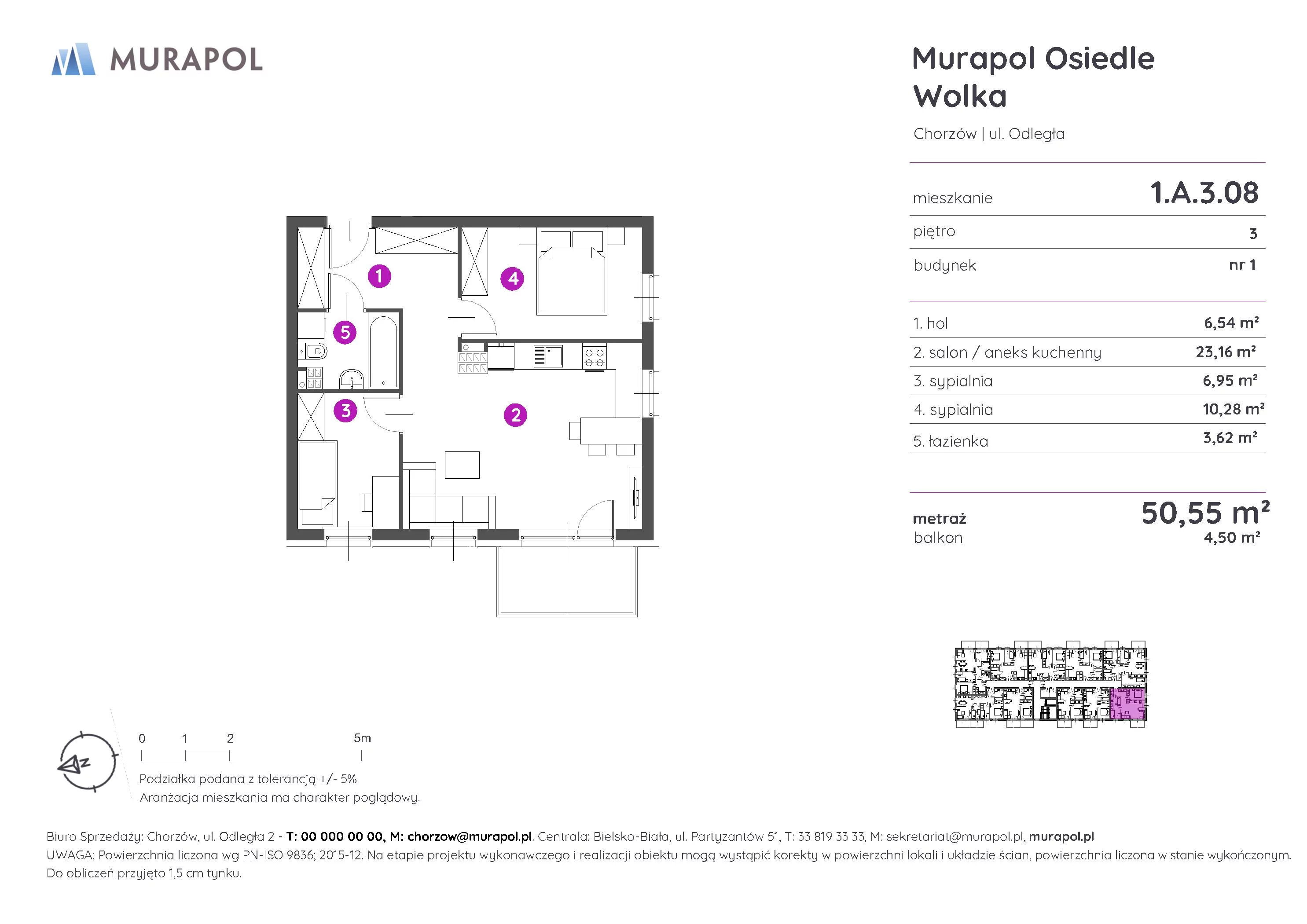3 pokoje, mieszkanie 50,55 m², piętro 3, oferta nr 1.A.3.08, Murapol Osiedle Wolka, Chorzów, Centrum, ul. Odległa