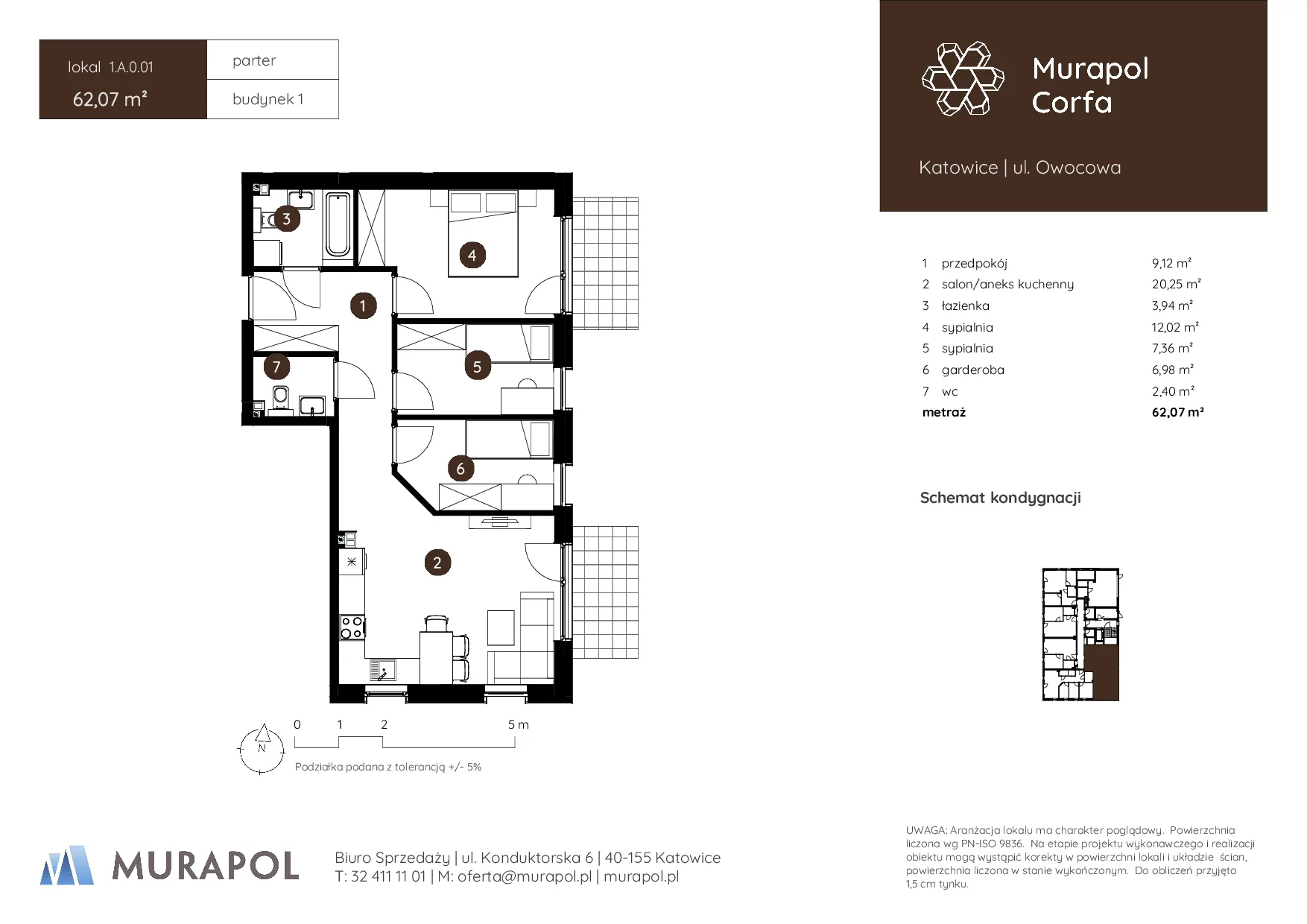 3 pokoje, mieszkanie 62,07 m², parter, oferta nr 1.A.0.01, Murapol Corfa, Katowice, Wełnowiec-Józefowiec, Wełnowiec, ul. Owocowa