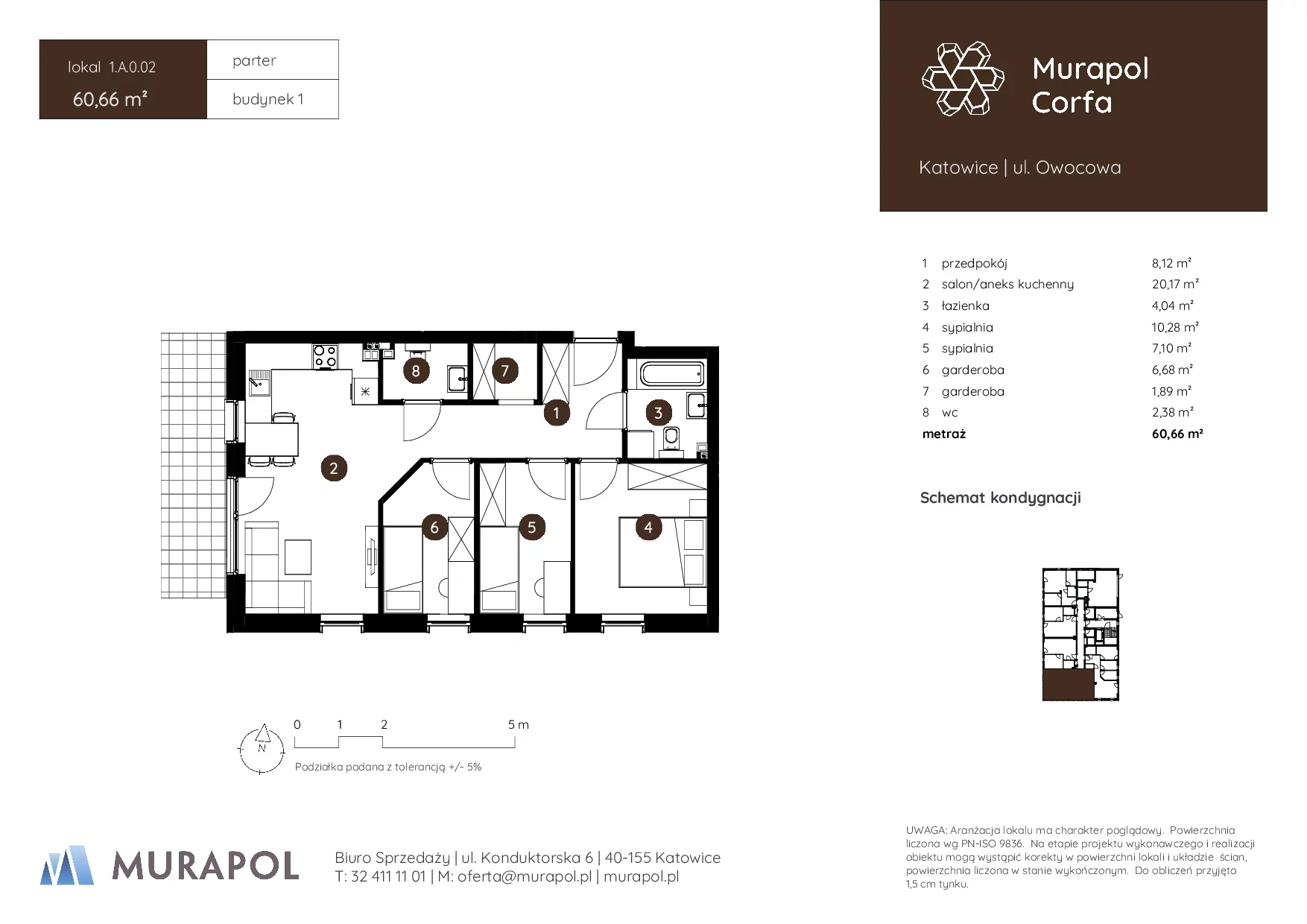 3 pokoje, mieszkanie 60,66 m², parter, oferta nr 1.A.0.02, Murapol Corfa, Katowice, Wełnowiec-Józefowiec, Wełnowiec, ul. Owocowa