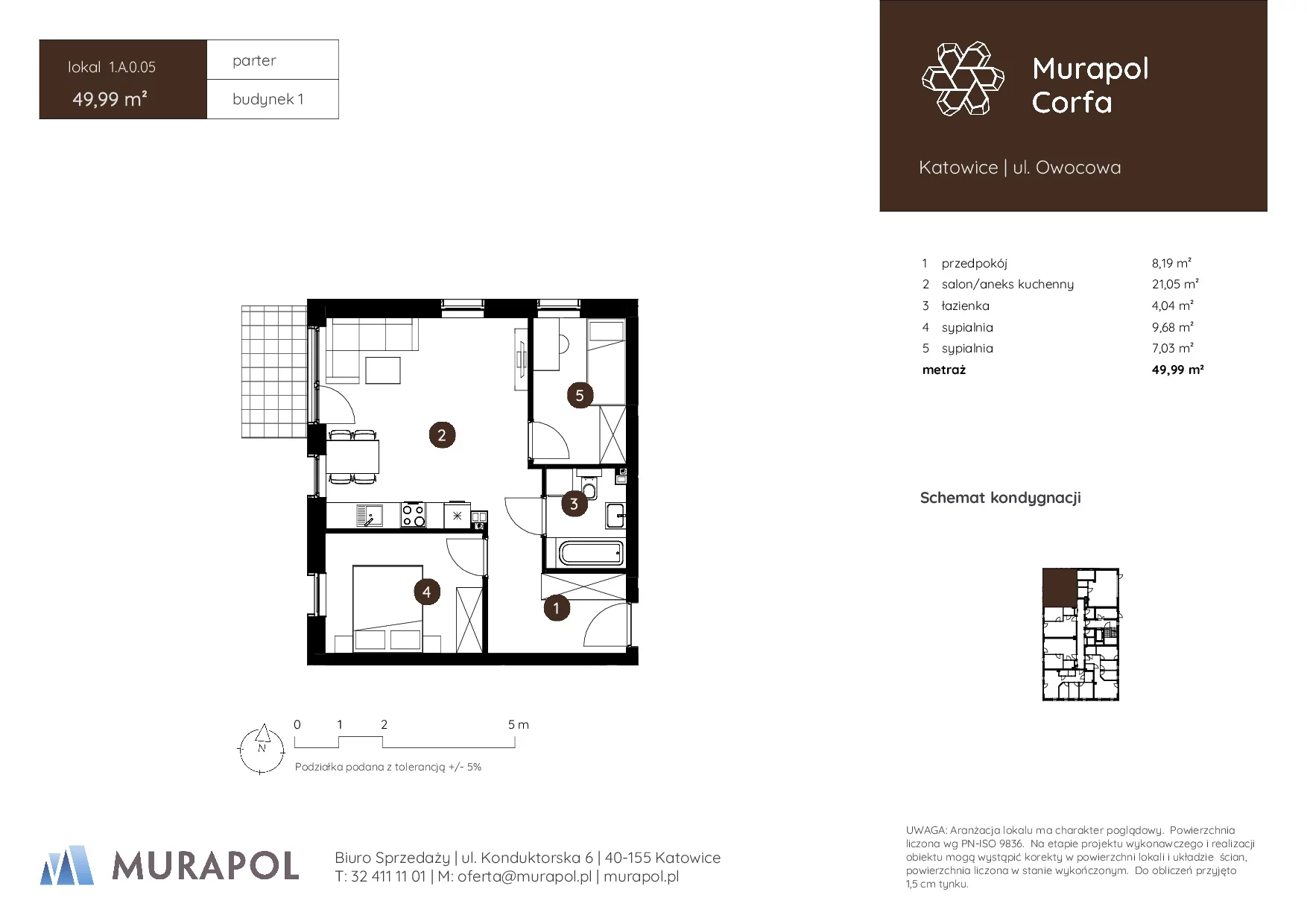 3 pokoje, mieszkanie 49,99 m², parter, oferta nr 1.A.0.05, Murapol Corfa, Katowice, Wełnowiec-Józefowiec, Wełnowiec, ul. Owocowa