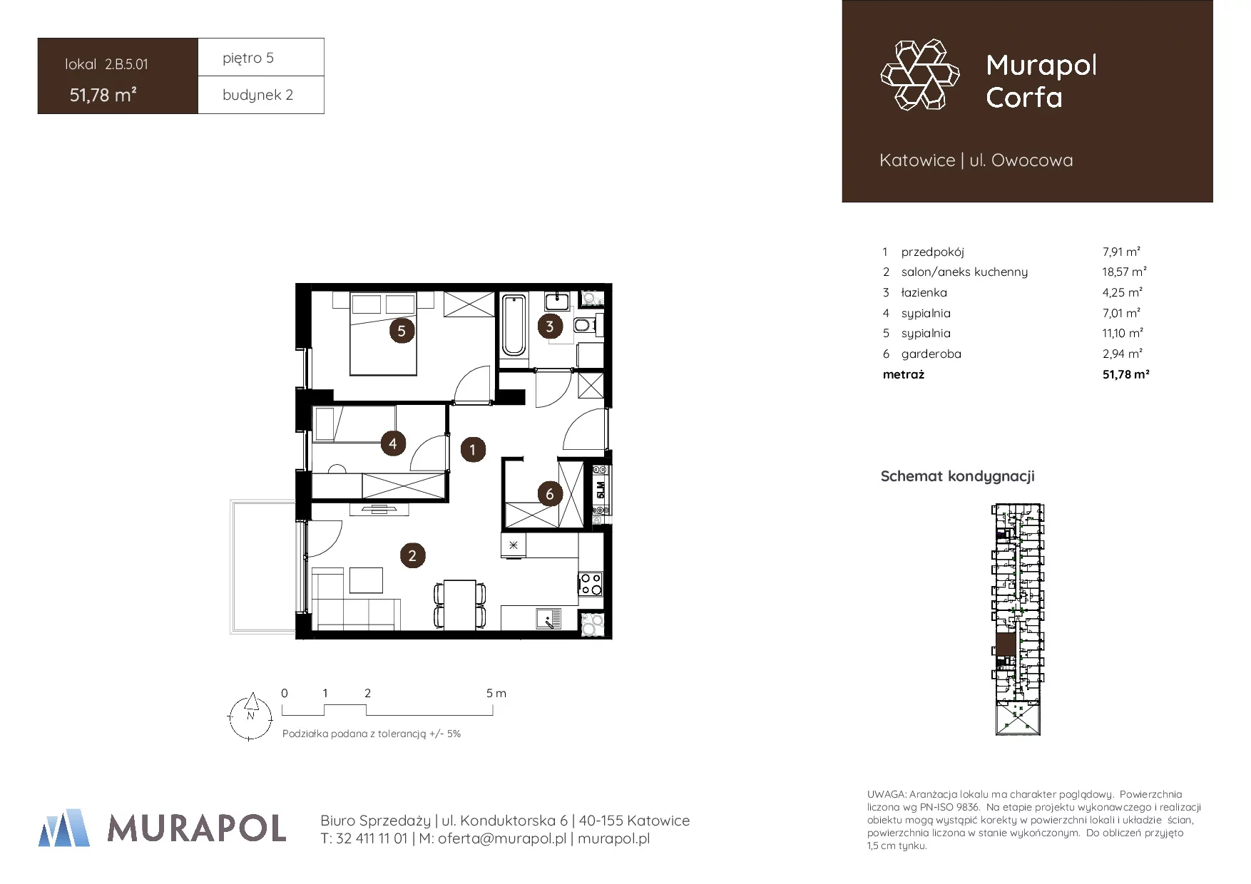 3 pokoje, mieszkanie 51,78 m², piętro 5, oferta nr 2.B.5.01, Murapol Corfa, Katowice, Wełnowiec-Józefowiec, Wełnowiec, ul. Owocowa