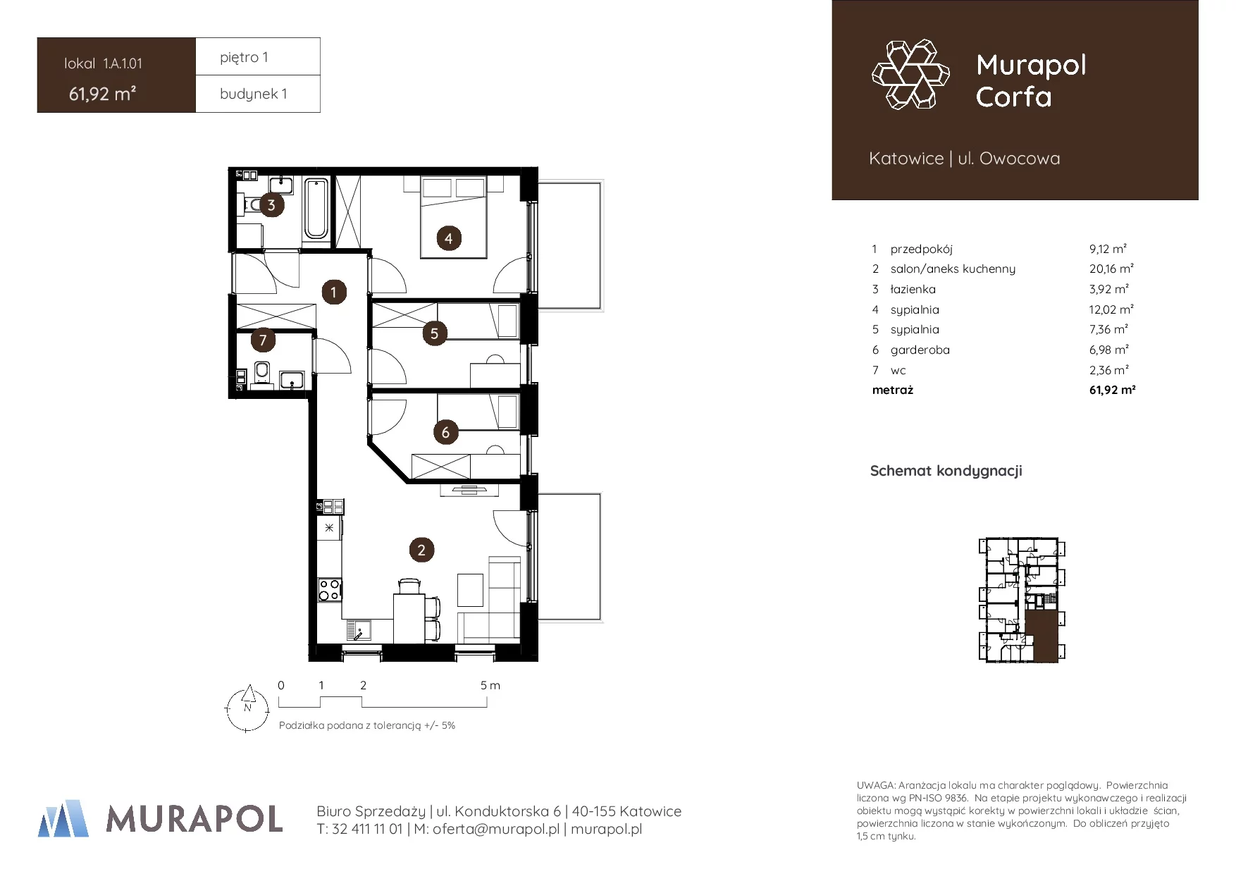 3 pokoje, mieszkanie 61,92 m², piętro 1, oferta nr 1.A.1.01, Murapol Corfa, Katowice, Wełnowiec-Józefowiec, Wełnowiec, ul. Owocowa