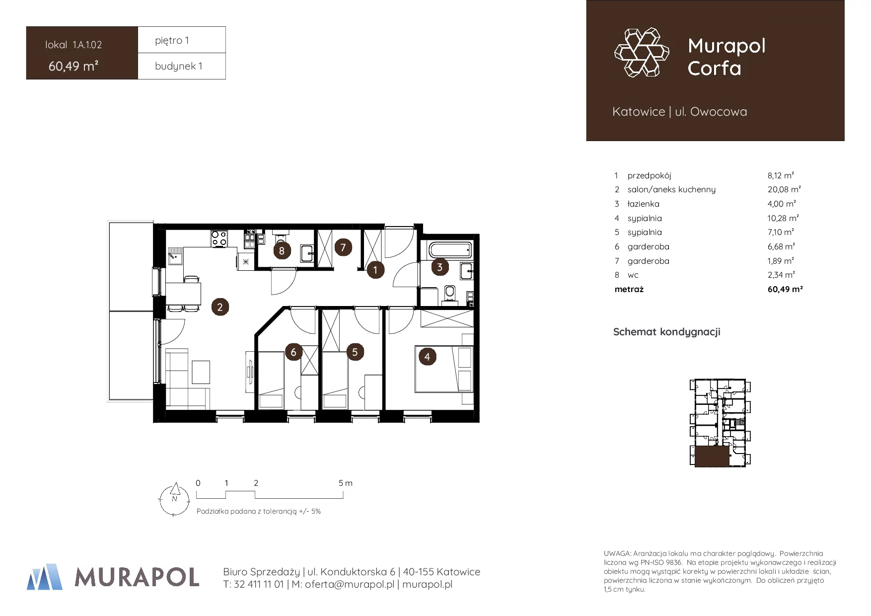 3 pokoje, mieszkanie 60,49 m², piętro 1, oferta nr 1.A.1.02, Murapol Corfa, Katowice, Wełnowiec-Józefowiec, Wełnowiec, ul. Owocowa